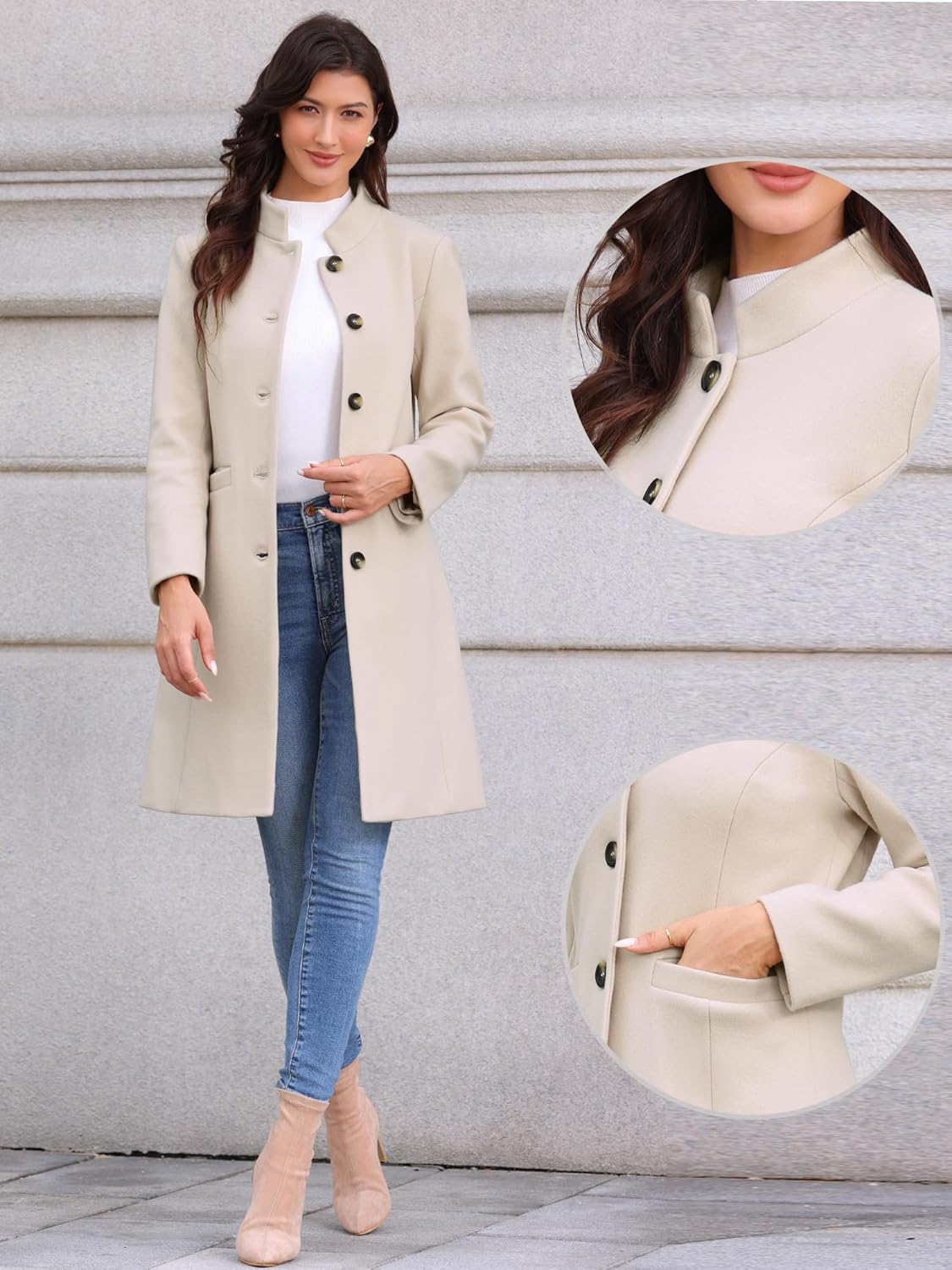 Allegra K Winter Coat for Women Stand Collar Single Breasted Pea Coat Mid-Long Outwear with Pocket - Image 4