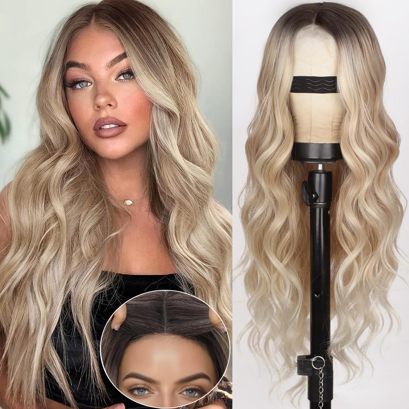 Long Dirty Blonde Wigs for Women, 26 Inch Ombre Blonde Curly Wavy Wig, Middle Part Lace Front Natural Looking Synthetic Wig for Daily Party Use