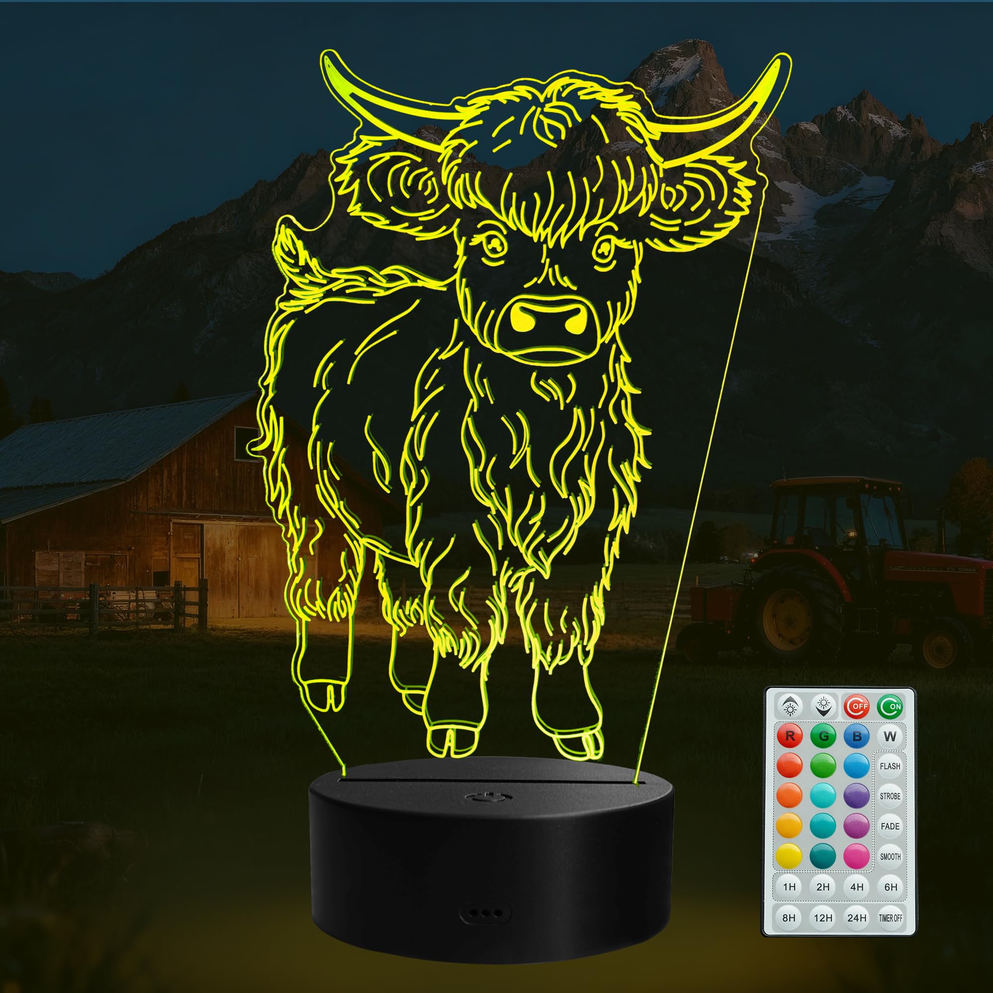 Highland Cow Gifts, 3D Cow Night Light, 16 Colors with Remote Control, Timer, RGB Flashing Mode, Dimmable LED Illusion Lamp, Highland Cow Stuff for Birthday Holiday Christmas Decor
