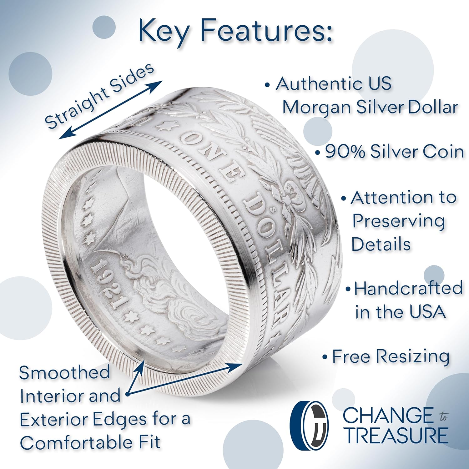 1921 Morgan Silver Dollar Ring | Silver Coin 'Tails' Design | Wide Band (13mm)