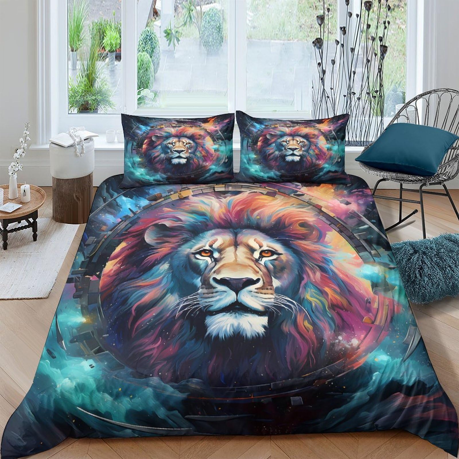 3D Printed Lion Duvet Cover Set Microfiber Soft Breathable Galaxy Bedding Set with 2 Pillowcases for Bedroom Decor Single（135x200cm）