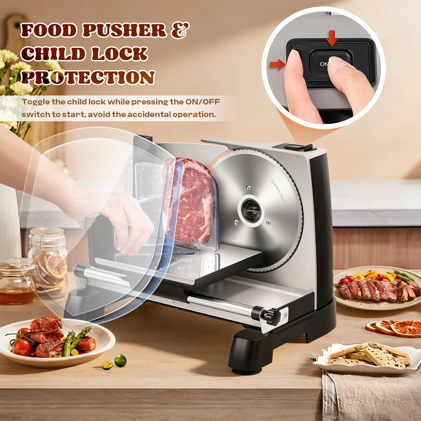 Moongiantgo Affettatrice Elettrica da Casa, Affettatrice Professionale con Blocco di Sicurezza, Spessore Regolabile 0-18mm, 2x Lama in Acciaio Inox da 19cm per Carne/Pane/Formaggio/Verdura (200W)