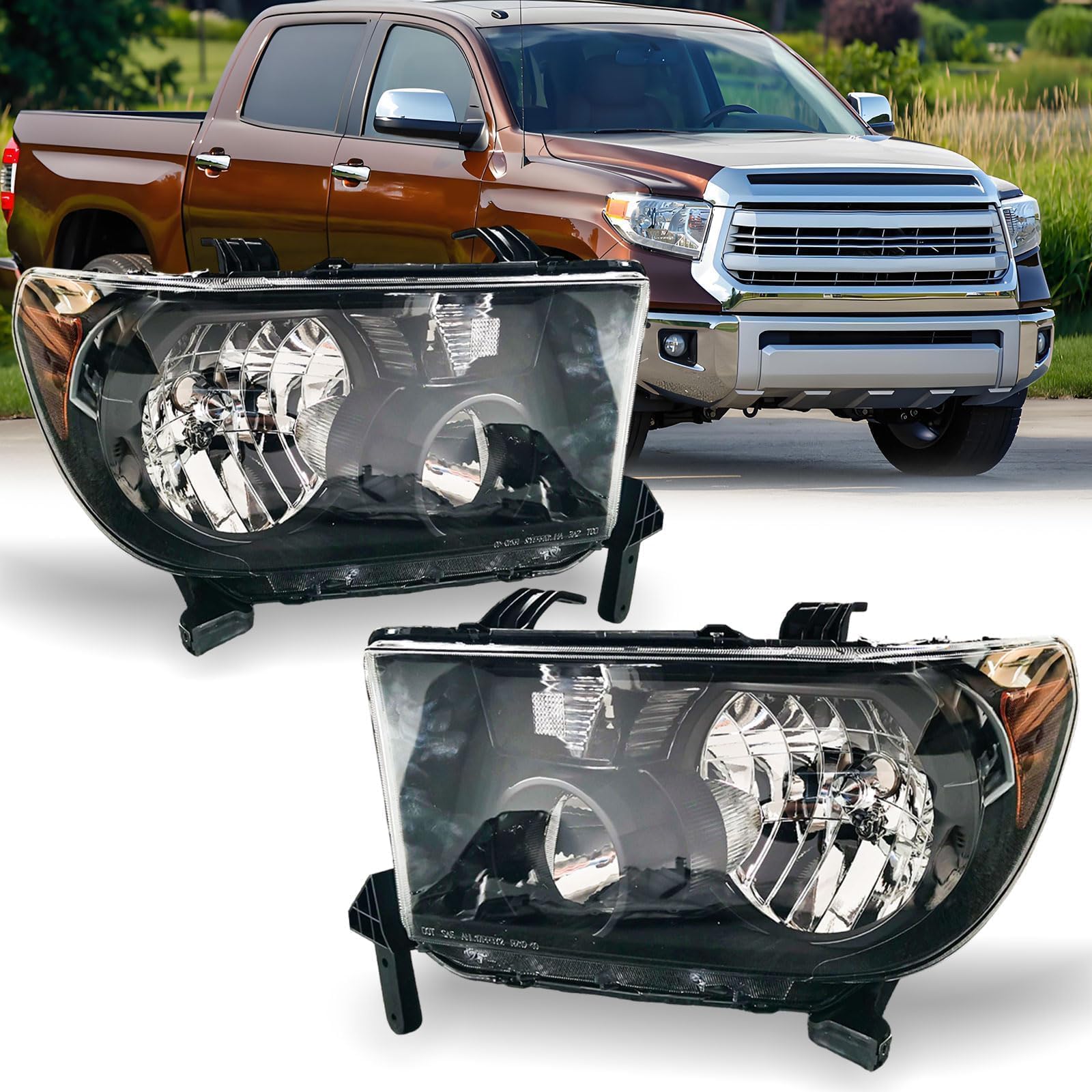 Headlights Assembly With Electronic Level Adjuster For 2007 2008 2009 2010 2011 2012 2013 Toyota Tundra Pickup&08-17 Sequoia Headlamps Black Housing Clear Lens Driver and Passenger Side(LH&RH)