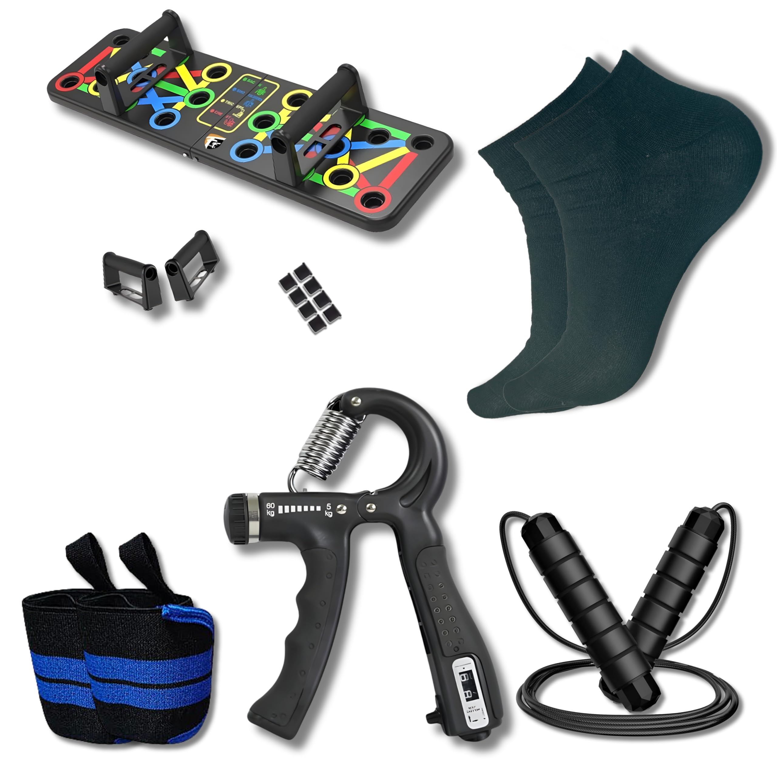 Muscle Banao Pushup Board | Wrist Band | Black Jumping Rope | Hand Gripper | Black Socks | E-Book - Full Body Home Workout Kit for Strength, Cardio & Flexibility Training-picture-10