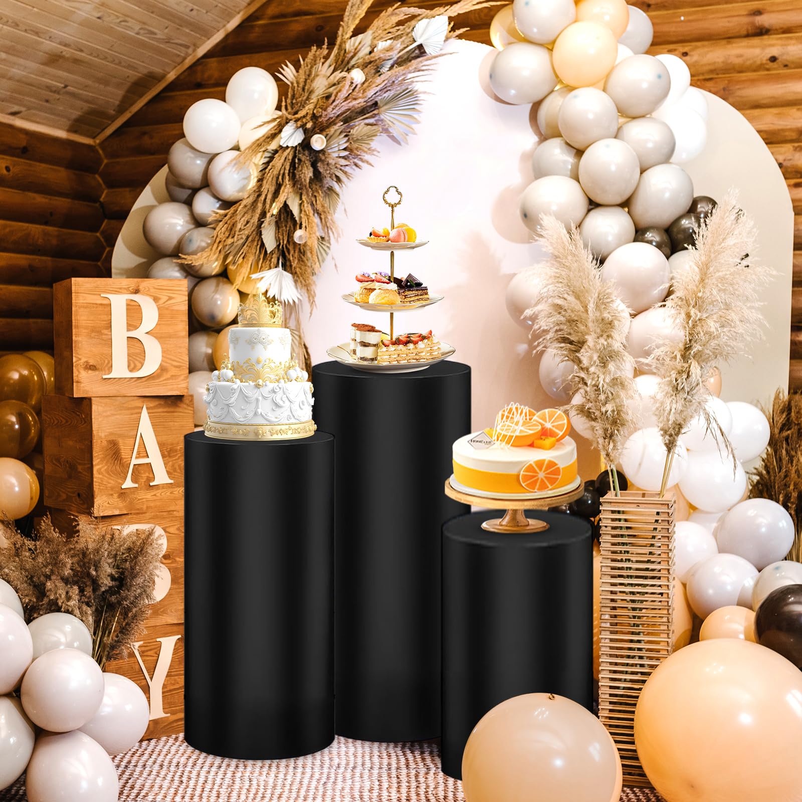 Set of 3 Cylinder Covers - Spandex Pedestal Stand Covers for Parties, Weddings, Baby Showers & More (Black)