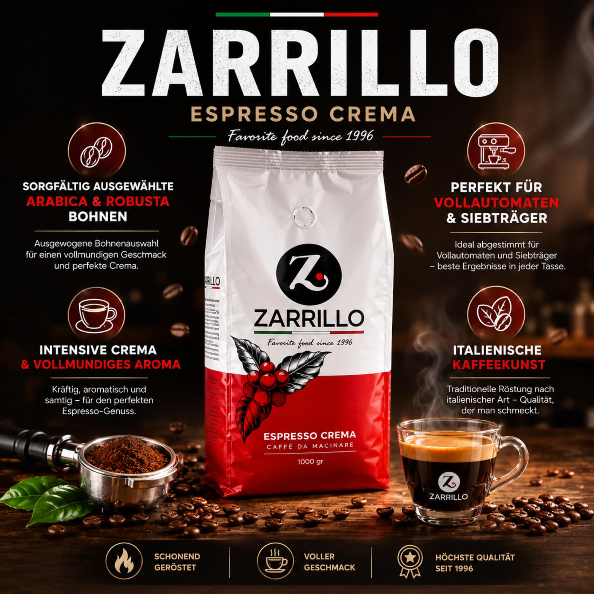 ZARRILLO Italienische Espresso Kaffeebohnen, Arabica und Robusta, für Vollautomaten & Siebträgermaschinen, Kräftige Crema, Mittlere Röstung (1 kg (6er Pack))