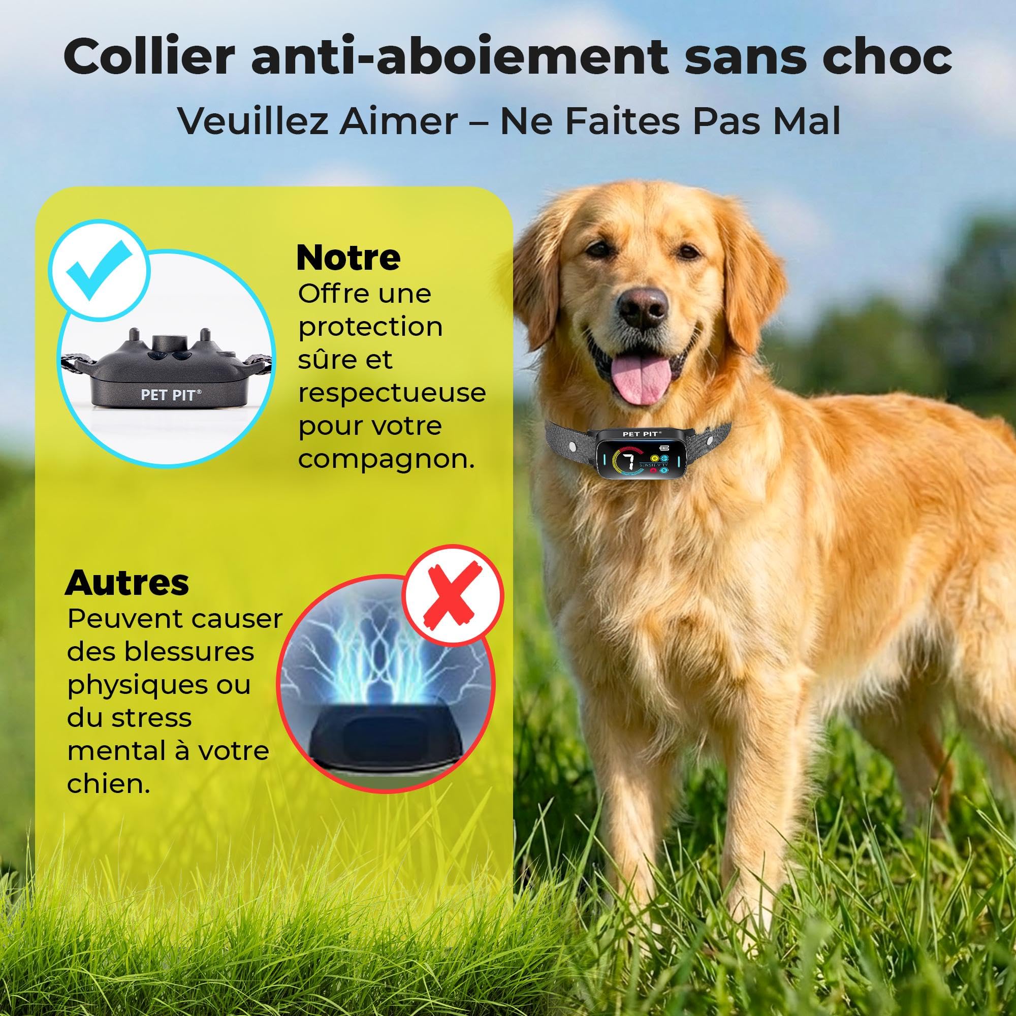Collier Anti Aboiement Chien,sans Choc | Rechargeable, Collier Chien avec 3 Modes,7 Niveaux De Sensibilité, Détection Intelligente des Aboiements, pour Petits à Gros Chiens, Étanche IP67