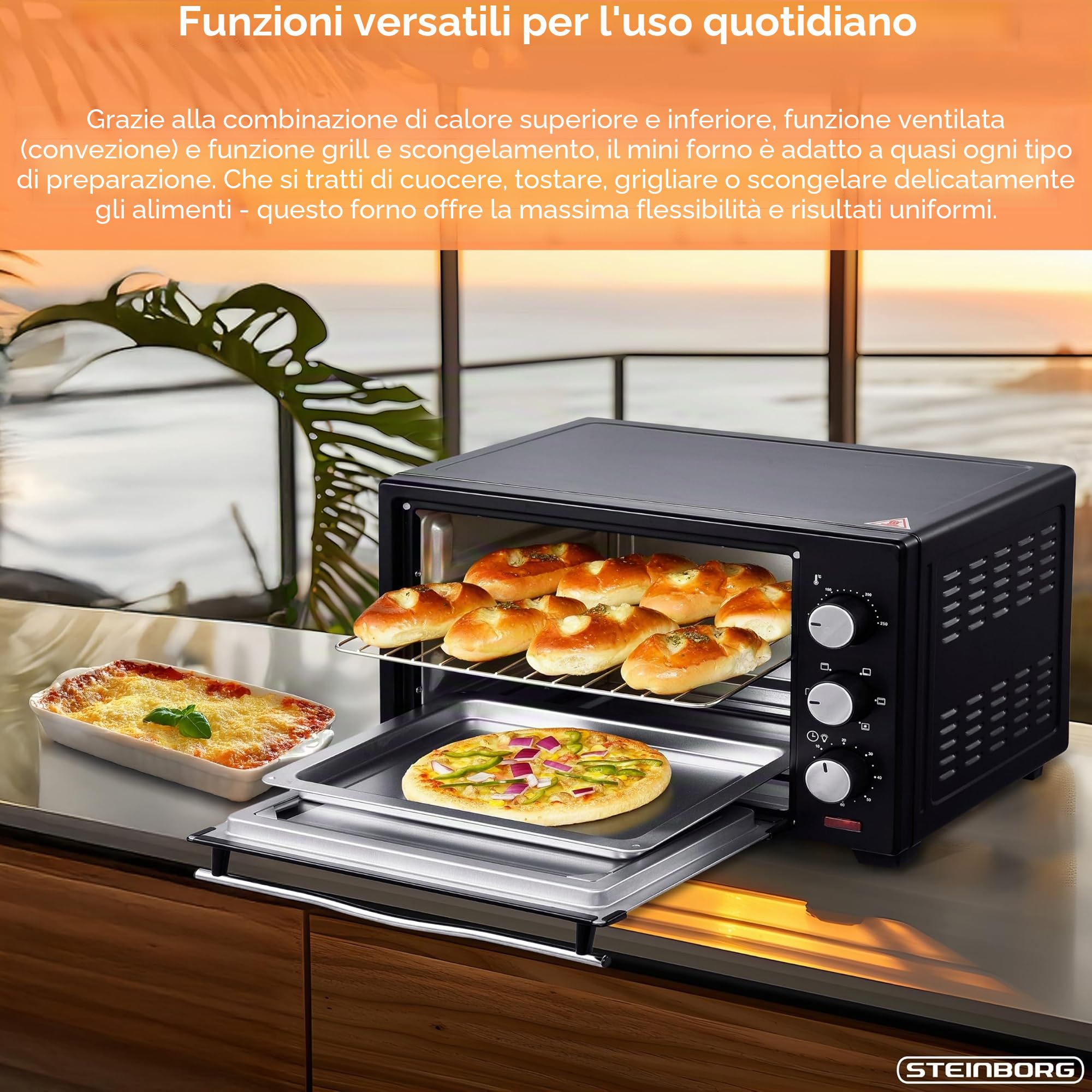 STEInBORG Mini Forno 25 Litri | 3 in 1 per Pizza | Teglia per Briciole | Calore Superiore/Inferiore | Convezione | 60 Minuti | 1.600 Watt