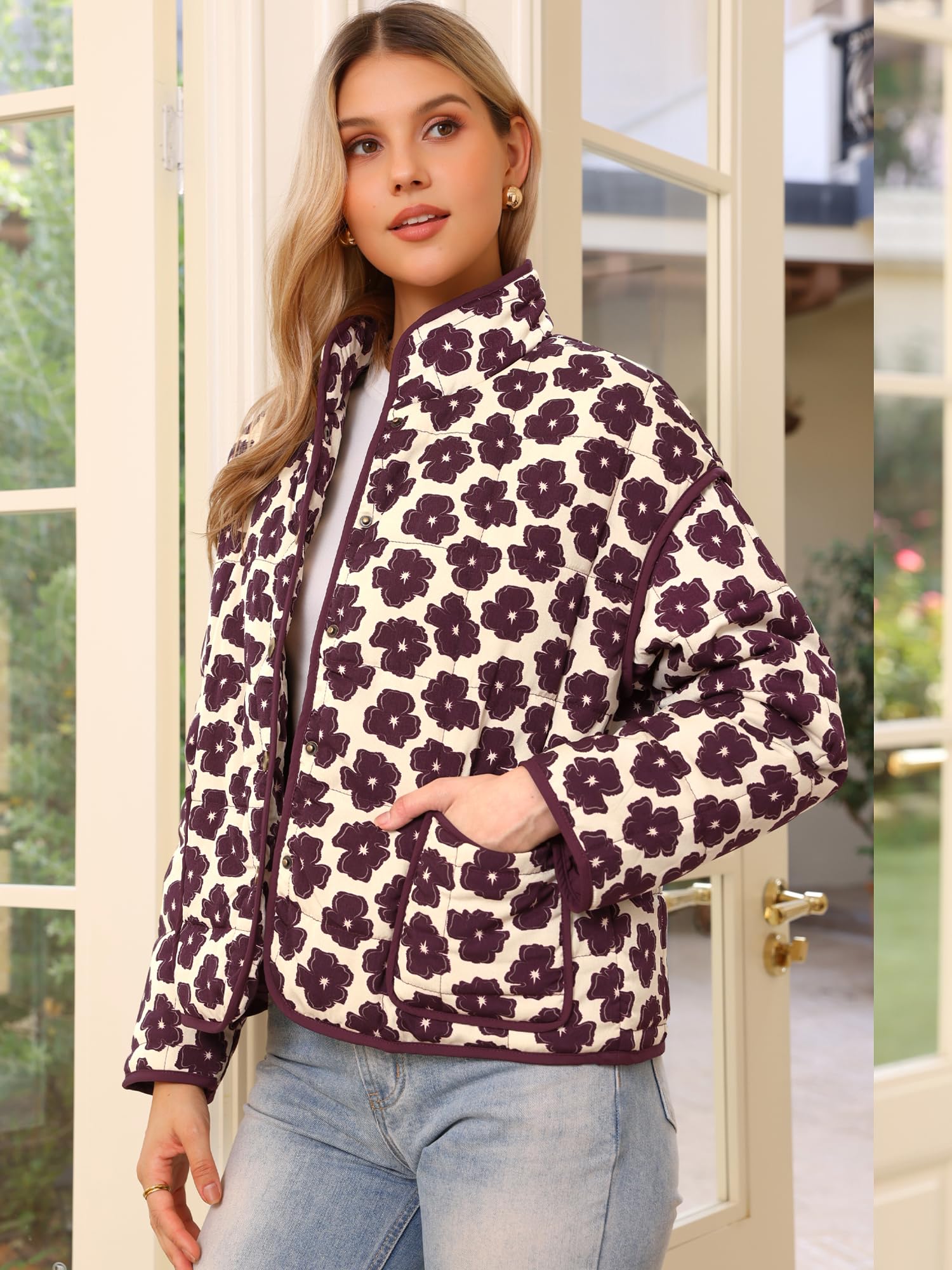 Allegra K Mujer Chaqueta Corta Acolchada Invierno Estampado Floral Botones