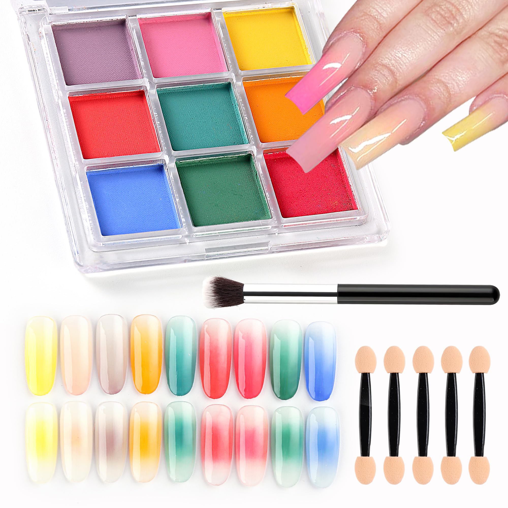 FSpronail Nail Pigment Palette - 9 Colors Gradient & Solid Neon Ombre Pigment Powder Set - Includes 5 Sponge Sticks & 1 Brush - Perfect for Beginners