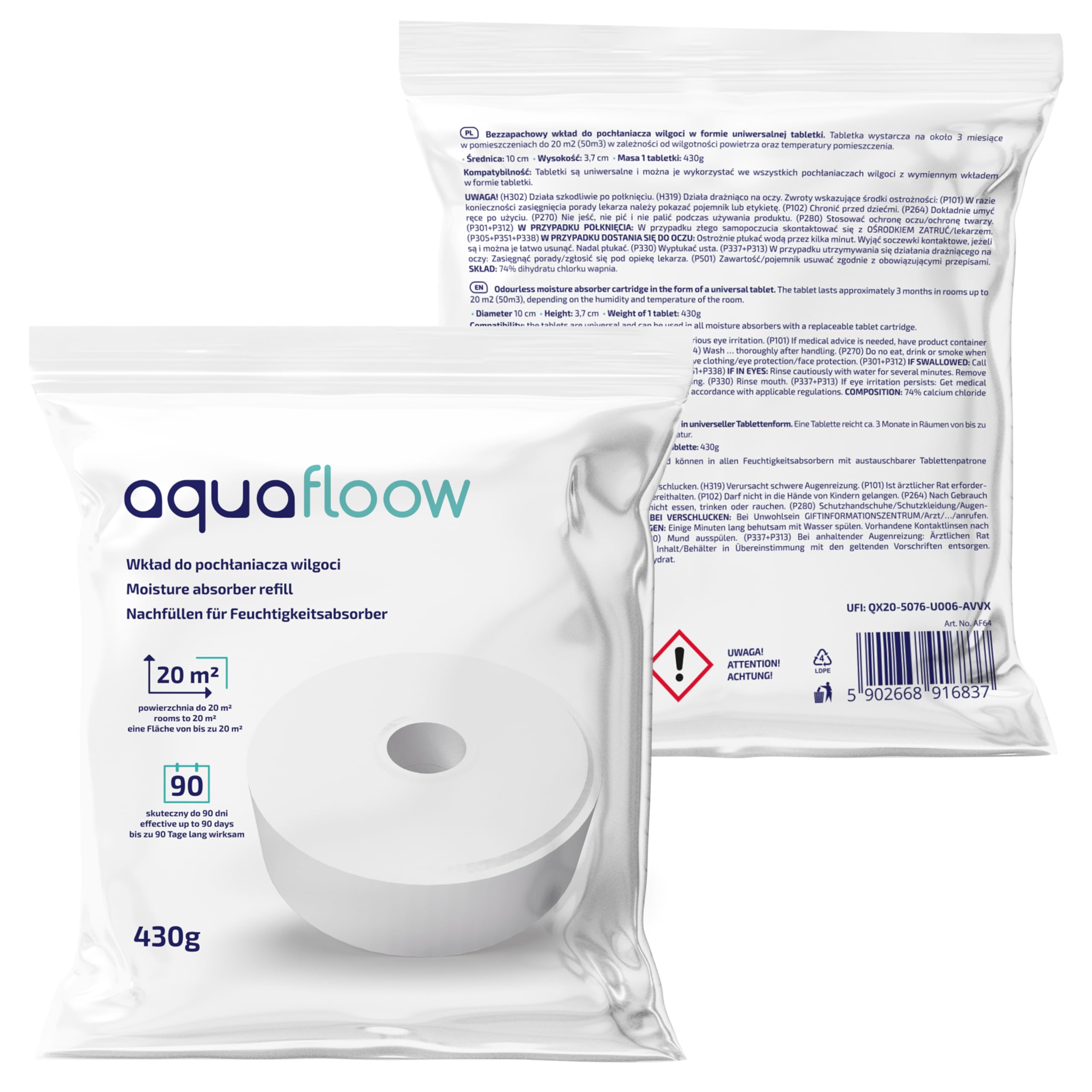 Aquafloow, Pastiglie di ricarica per deumidificatore d'aria, Riducono l'umidità e gli odori sgradevoli, Confezione di ricarica compatibile con il deumidificatore d'aria AERO 360°, Confezione da 8
