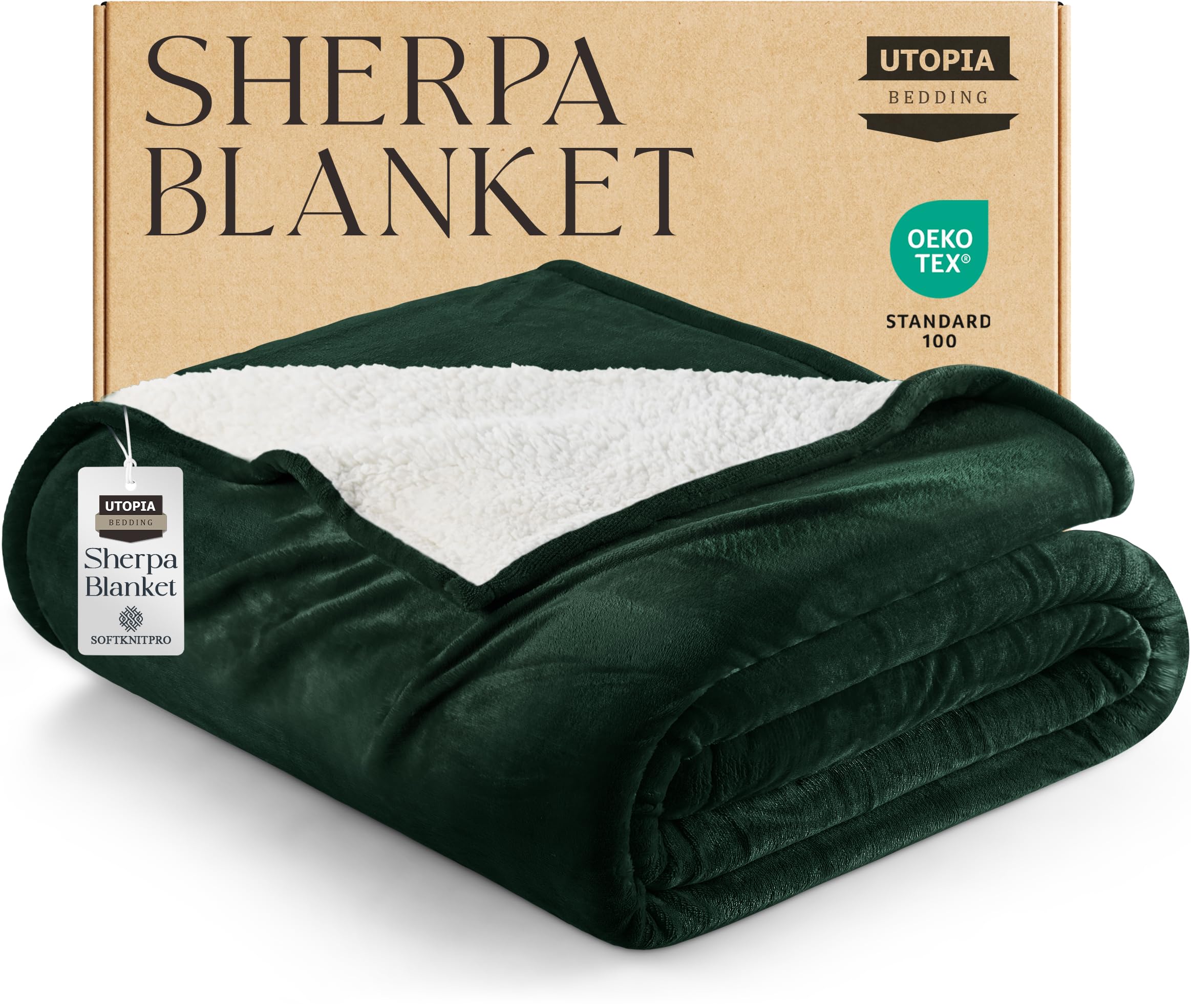 Utopia Bedding Sherpa Blanket Full Size (Forest Green, 90x84 Inches) - Soft Lightweight Plush Fleece Reversible Blanket for Bed, Sofa, Couch, Camping and Travel