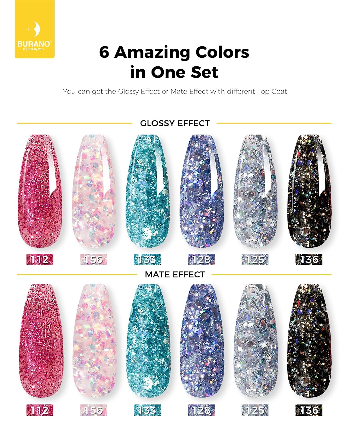 BURANO Poly Extension Gel Nail Kit, 6 Colors Nail Poly Nails Builder Gel Set for Beginner & Professional Using, DIY Starter Kit Nail Art Gift (glitter)