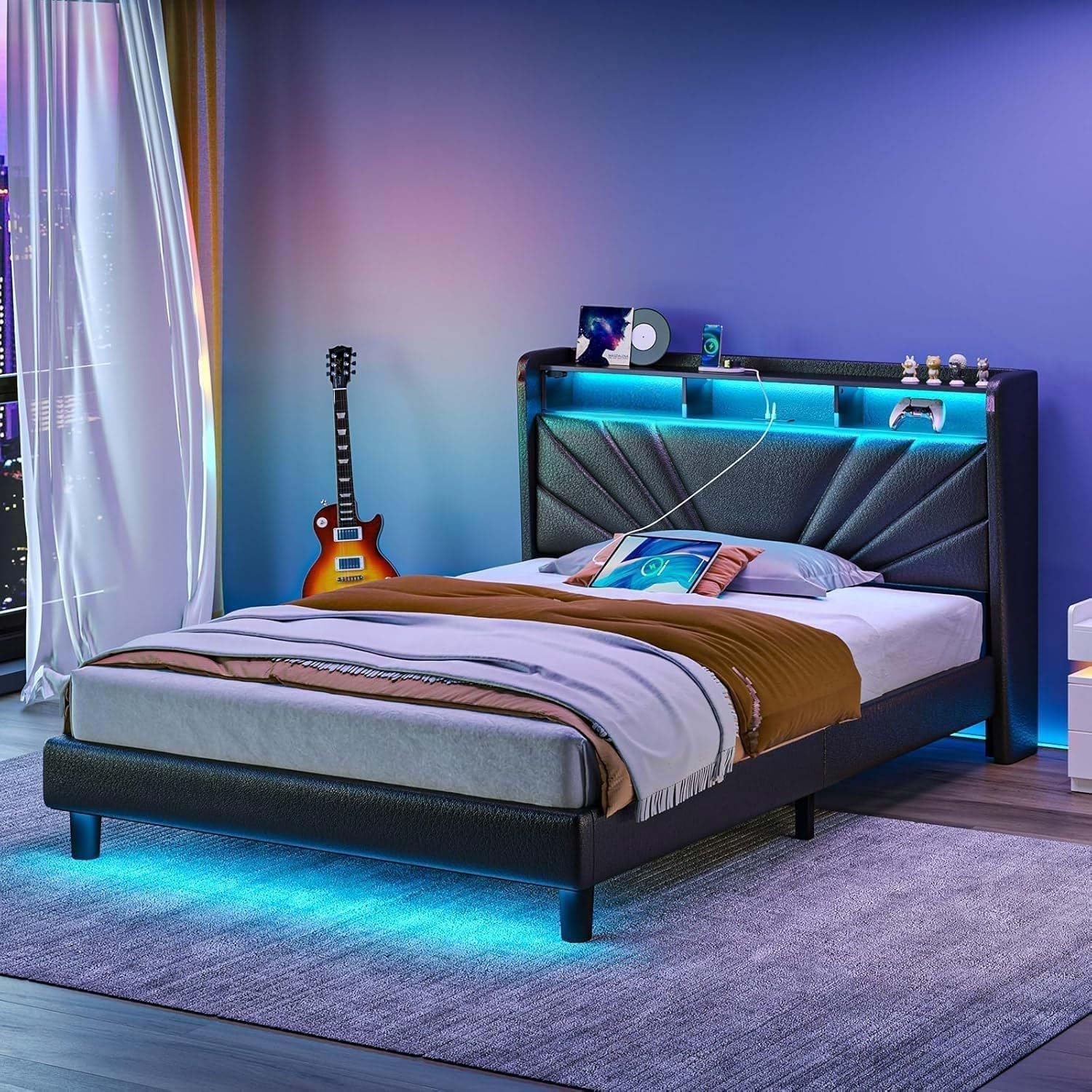 Rolanstar Twin Size Bed Frame, Storage Headboard with Charging Station and LED Lights, Upholstered Bed with Heavy Duty Wood Slats, No Box Spring Needed, Noise Free, Easy Assembly, Black