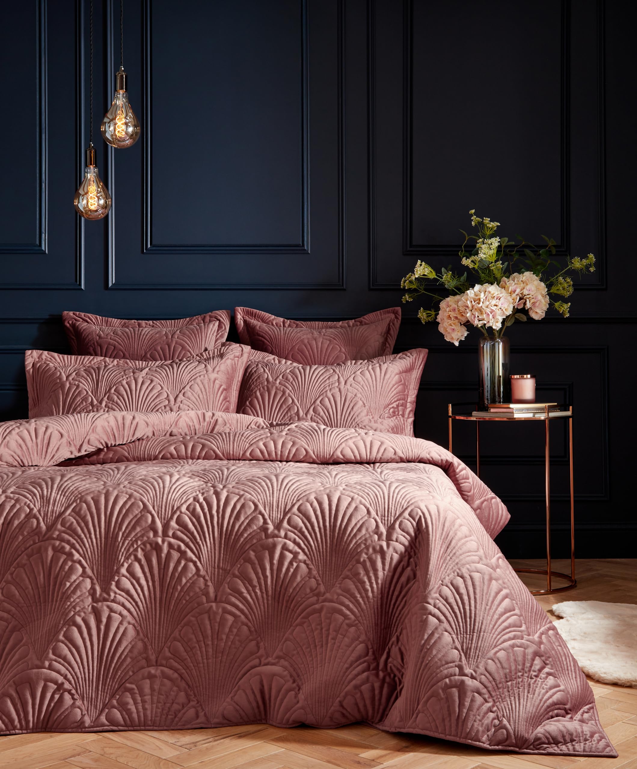 Paoletti Blush Palmeria Quilted Duvet Cover Set – Luxe Embroidered Velvet Bedding ( – Double)