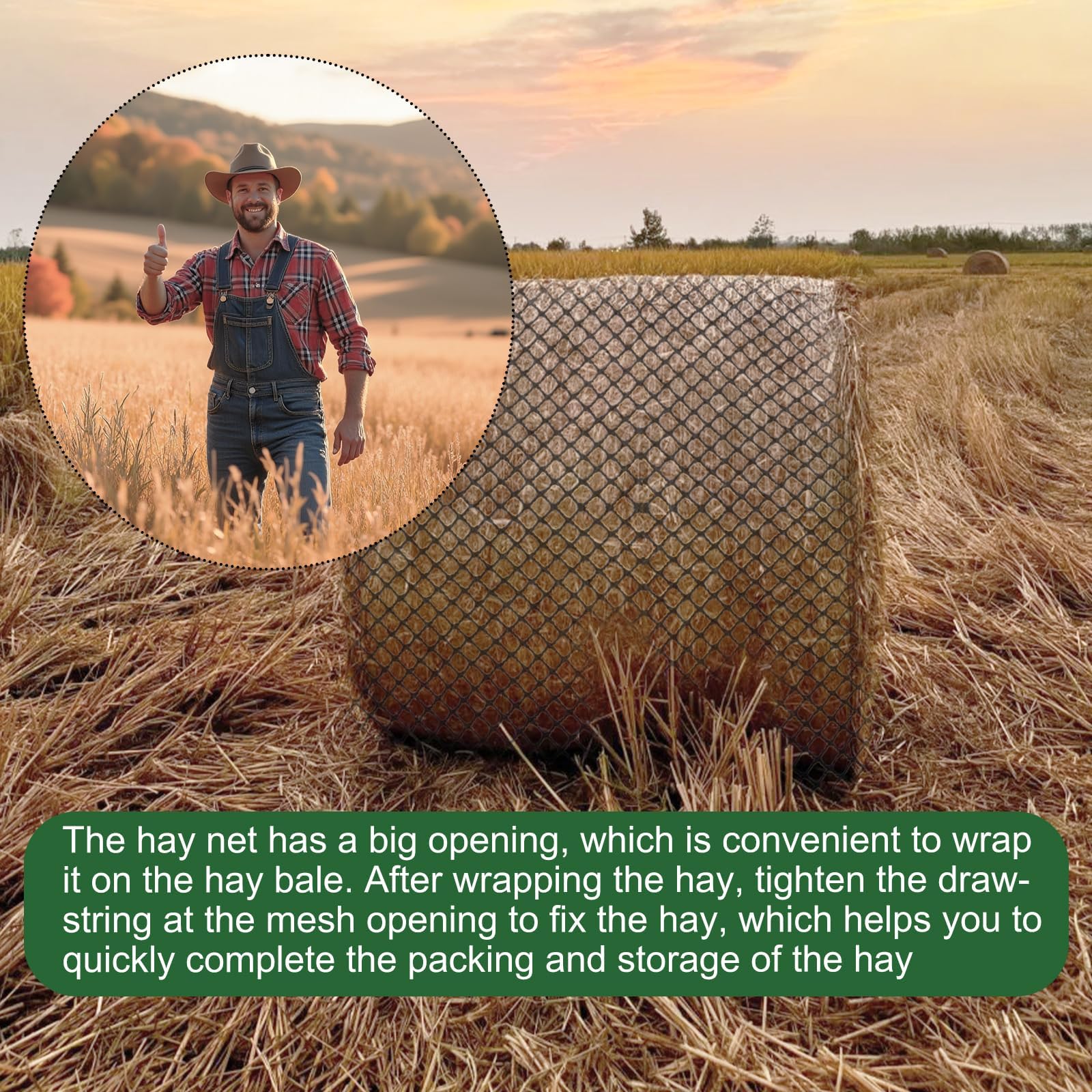 Red de heno de alimentación lenta para caballos, comedero redondo duradero sin nudos con agujeros de 2 pulgadas, red de heno resistente para caballos, ponis, burros, ganado