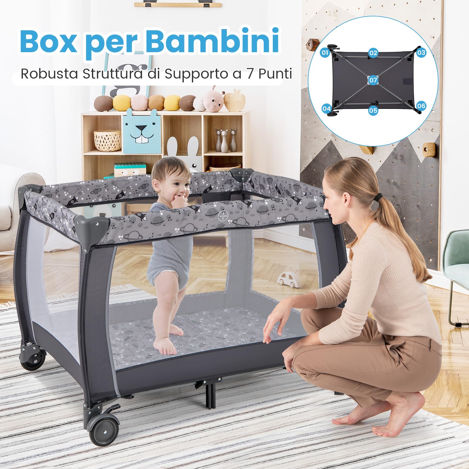 COSTWAY 3-in-1 Lettino da Campeggio per Bambini, Lettino Portatile per Neonati con Fasciatoio, Culla Pieghevole con Materasso e Borsa da Trasporto, 2 Ruote Bloccabili, per Bambini 0-36 Mesi