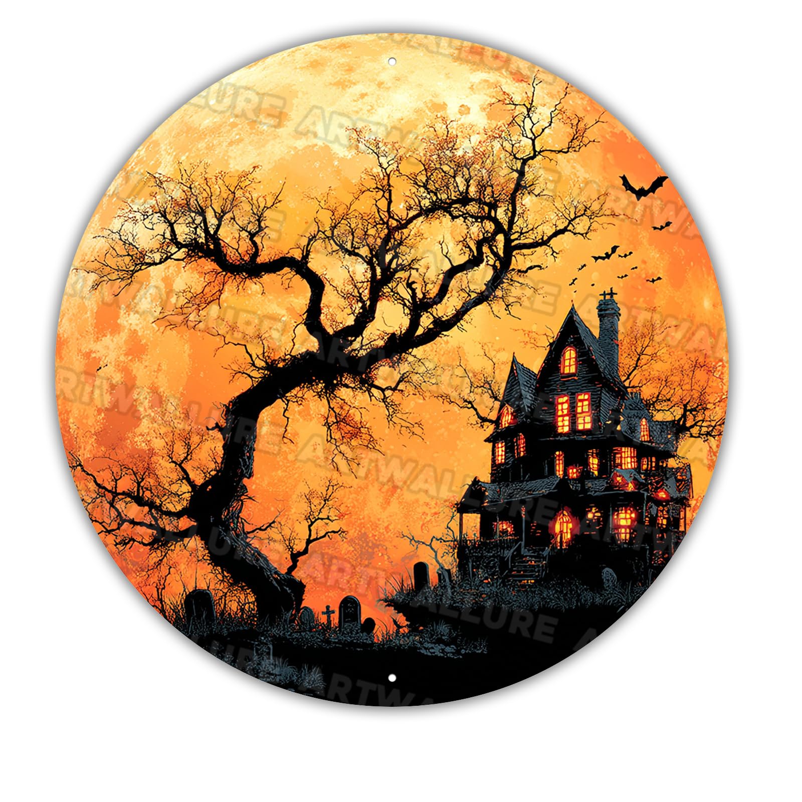 Halloween Round Metal Tin Sign Gothic Vintage Decor Spooky Wall Art 12x12inch