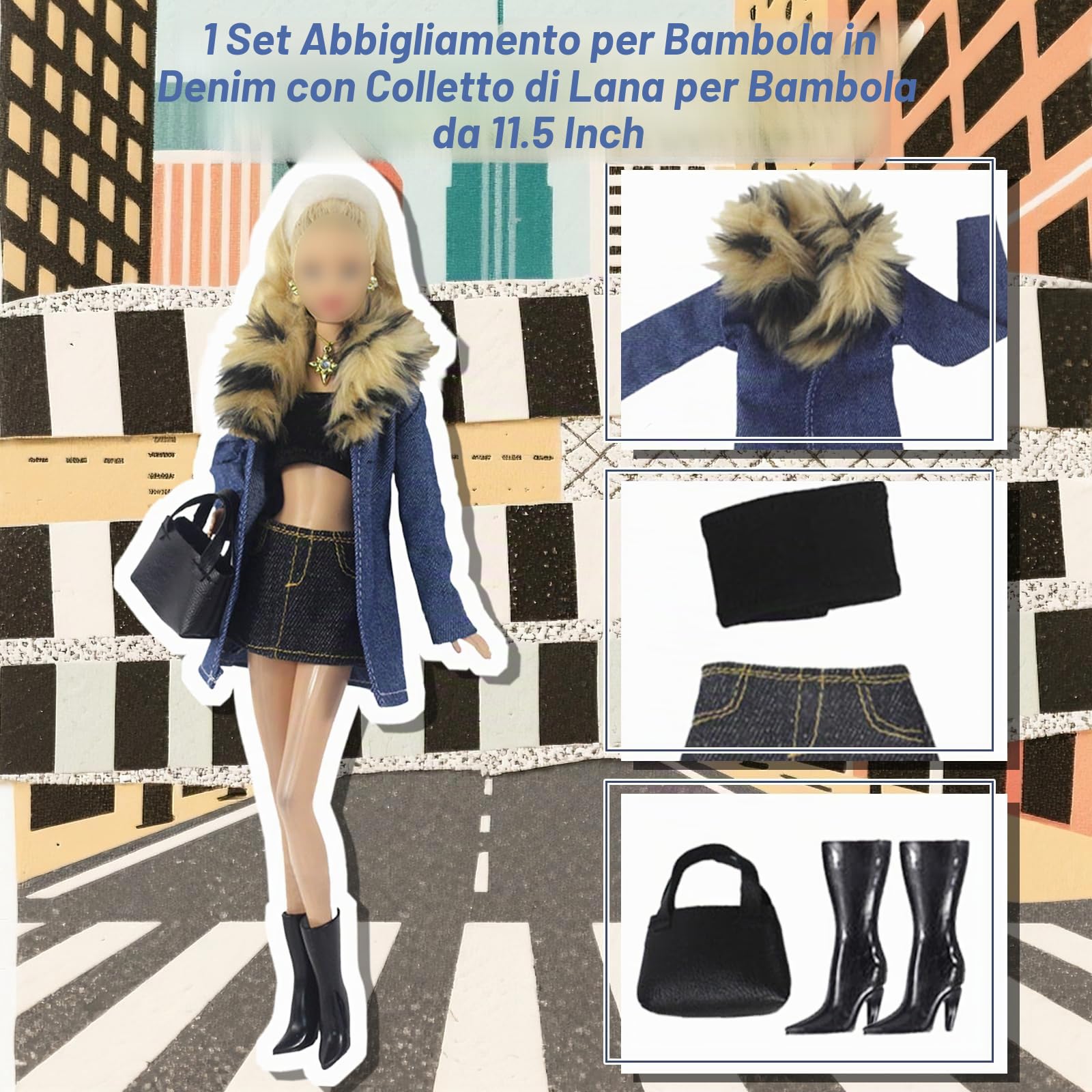 Set di 18 vestiti per bambola, elegante con colletto in pelle di jeans, mantello in pelliccia, abbigliamento sportivo per la casa