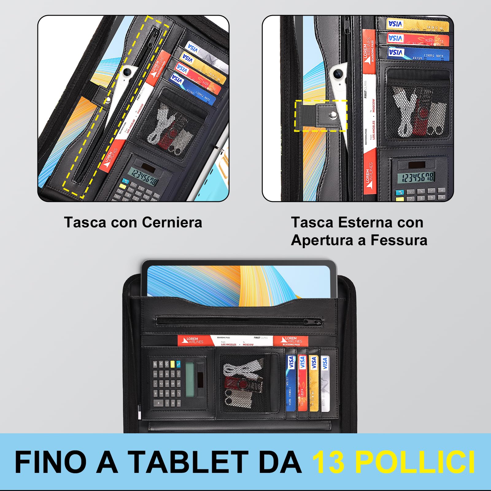 Leathario Cartella portadocumenti A4 pelle vegana organizer con cerniera Nero