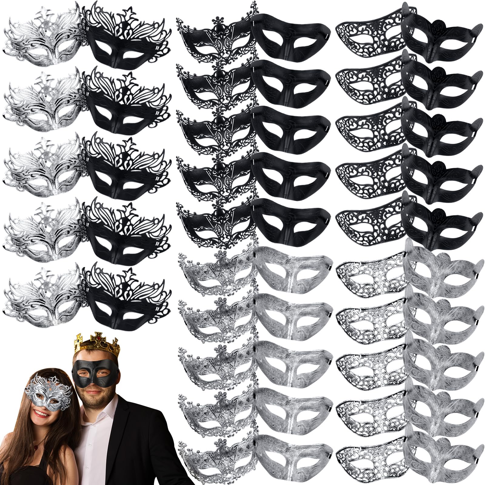 Jenaai 50 Pcs Couple Masquerade & Venetian Mardi Gras Halloween Carnival Mask for Women & Men Costume Ball Party