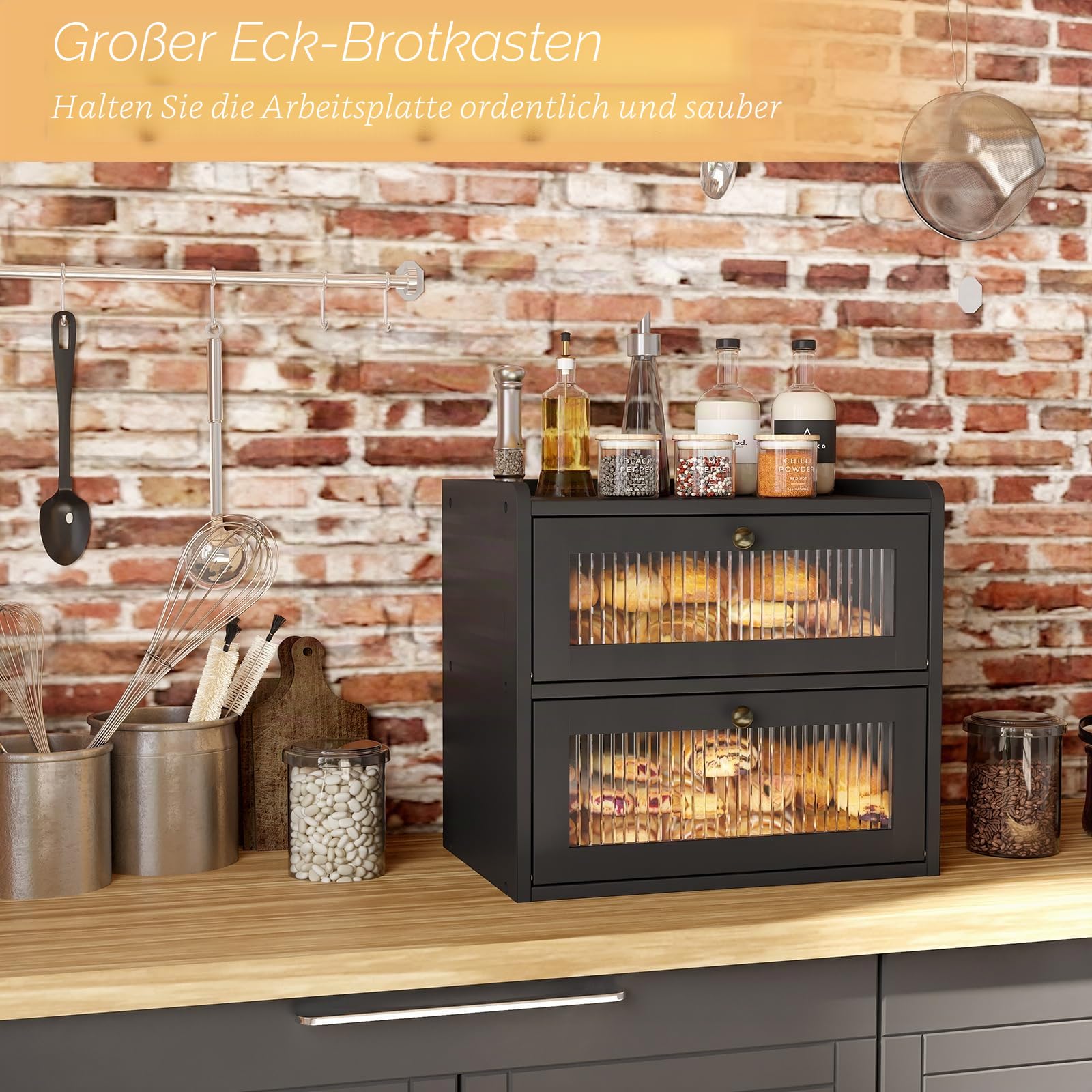 Alpeir Brotkasten Holz, 2 Etagen Groß Brotbox mit Belüftungsloch, Längere Frische & Einfache Pflege, Küche Aufbewahrung Behälter für Snack Knäckebrot Obst, 36,7B x 23,9T x 34,4H cm, Schwarz