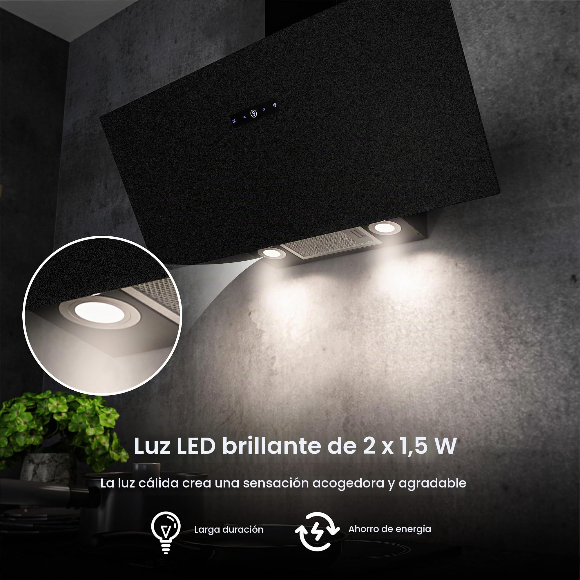 FIREGAS Campana extractora 90 cm, Extractor inclinado, Motor sin escobillas, 594m³/h, LEDs, Recirculante y Extracción, Filtro de carbón incluido - Ideal para cocinas familiares