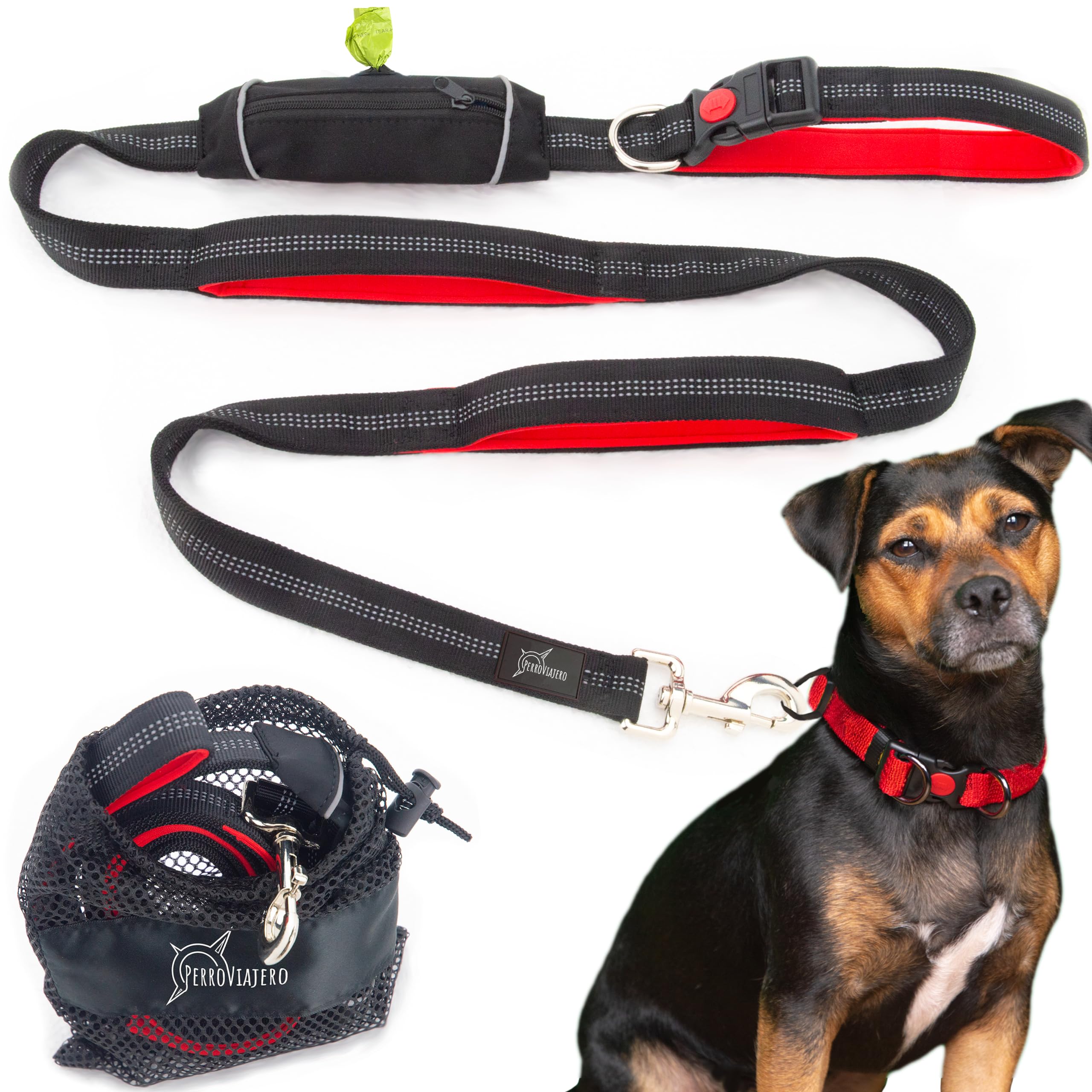 PerroViajero | Correa de Perro Premium Multifunción Reforzada para Perros Medianos, Grandes y Fuertes. Mango abatible, Asas auxiliares, Acolchado Rojo. Máxima Seguridad, Control y Confort. 1,5m 200g