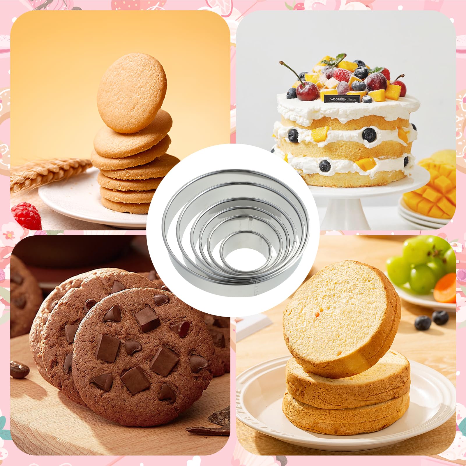 6 Stück Runde Ausstechformen Set (2, 3, 3,5, 4, 5, 6 Zoll), große Edelstahl hausgemachte Kreisausstecher Donut Ausstecher zum Backen, Kuchen, Kekse, Sandwiches, Gebäck