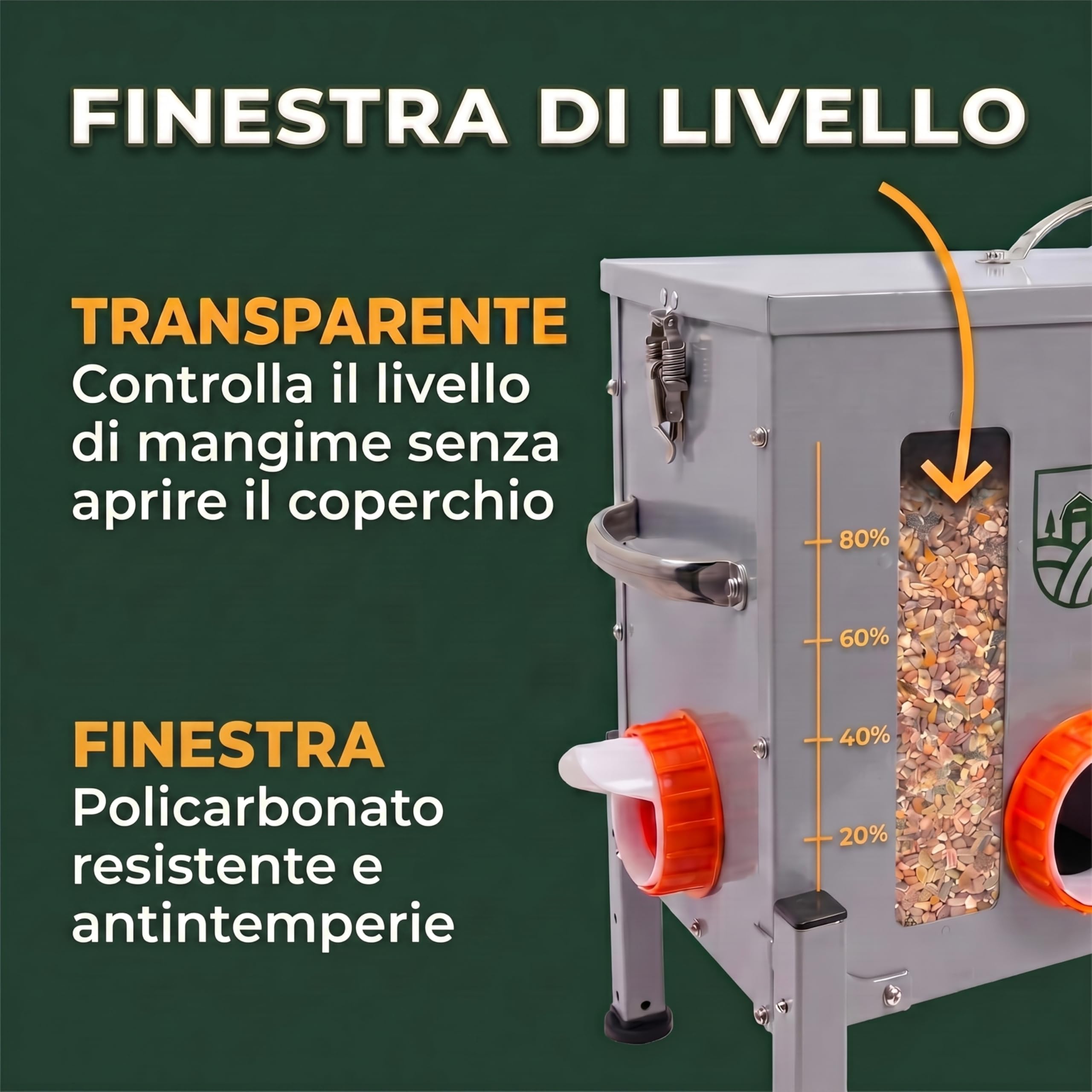 Dural's® Mangiatoia Galline Antitopo Grande Capacità 18 kg – Distributore Automatico di Mangime in Acciaio Zincato, 6 Aperture e Finestra di Livello – Mangiatoia Polli da Esterno Pollaio