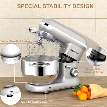Vospeed 1500W Mixer, Bread Kneader for Pastries 6.2 L, Stainless Steel Bowl, Whisk Rods, Kneading Rods (Silver)