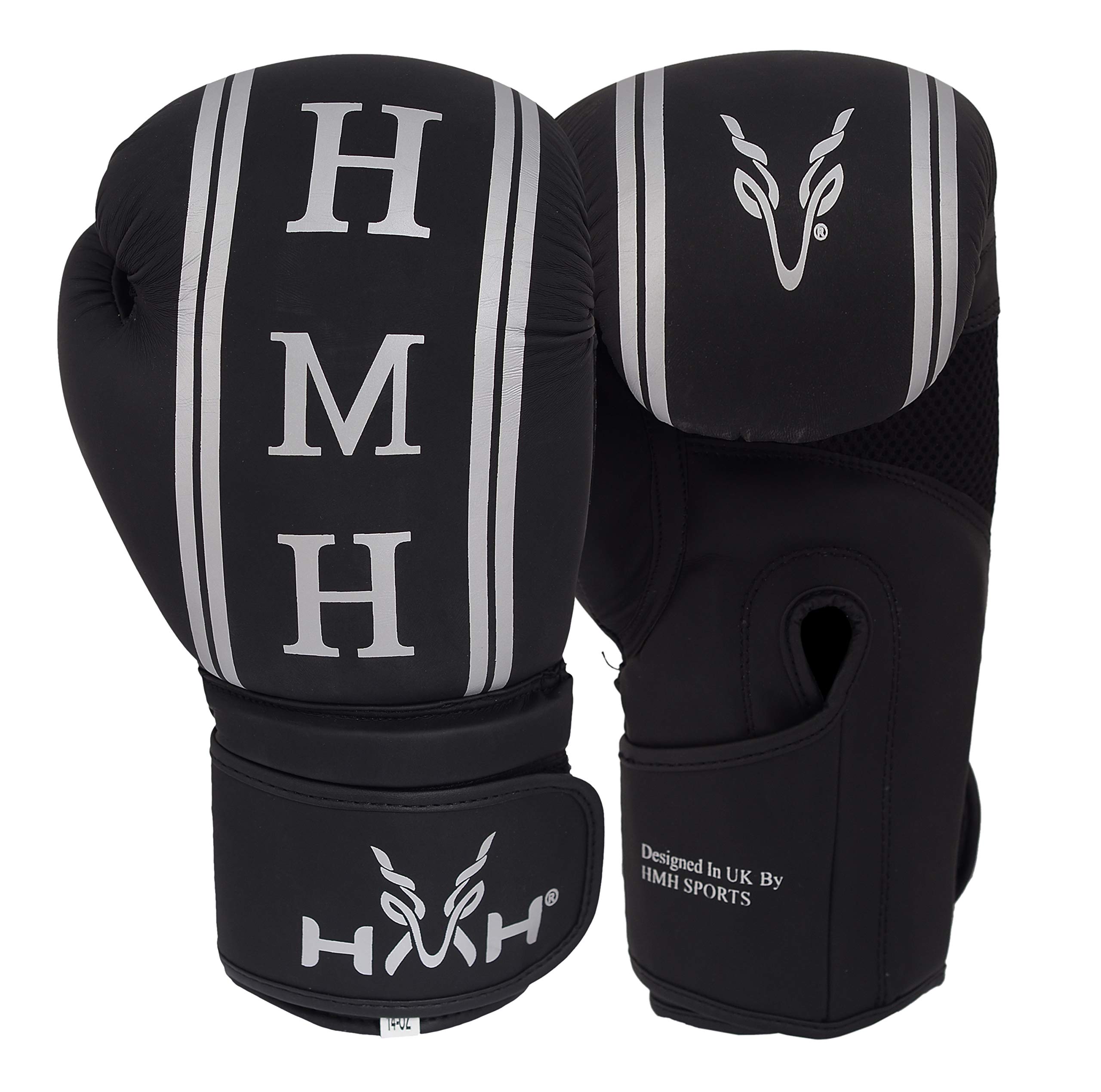 HMH Sports Boxing Gloves -Boxing Equipment with Leather for Muay Thai Kick Sparring Fighting & Training MMA Silver and Black Gloves Men & Boxing Gloves Women (Silver, 16 OZ)