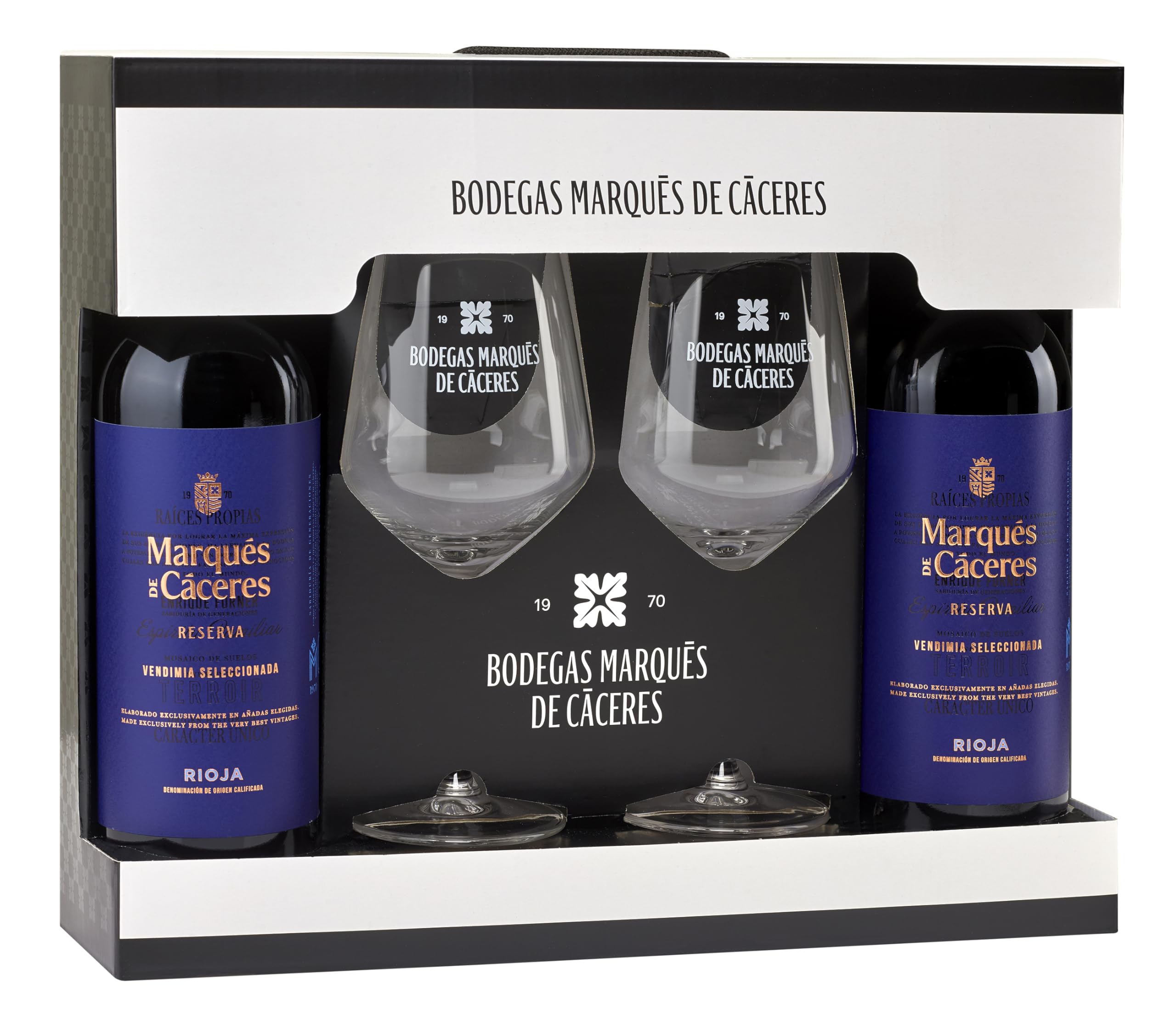Marqués de Cáceres Reserva Rioja DOCa Tempranillo 2019 trocken Spanien Weingeschenk Geschenkset (2 x 0,75L + 2 Weingläser)