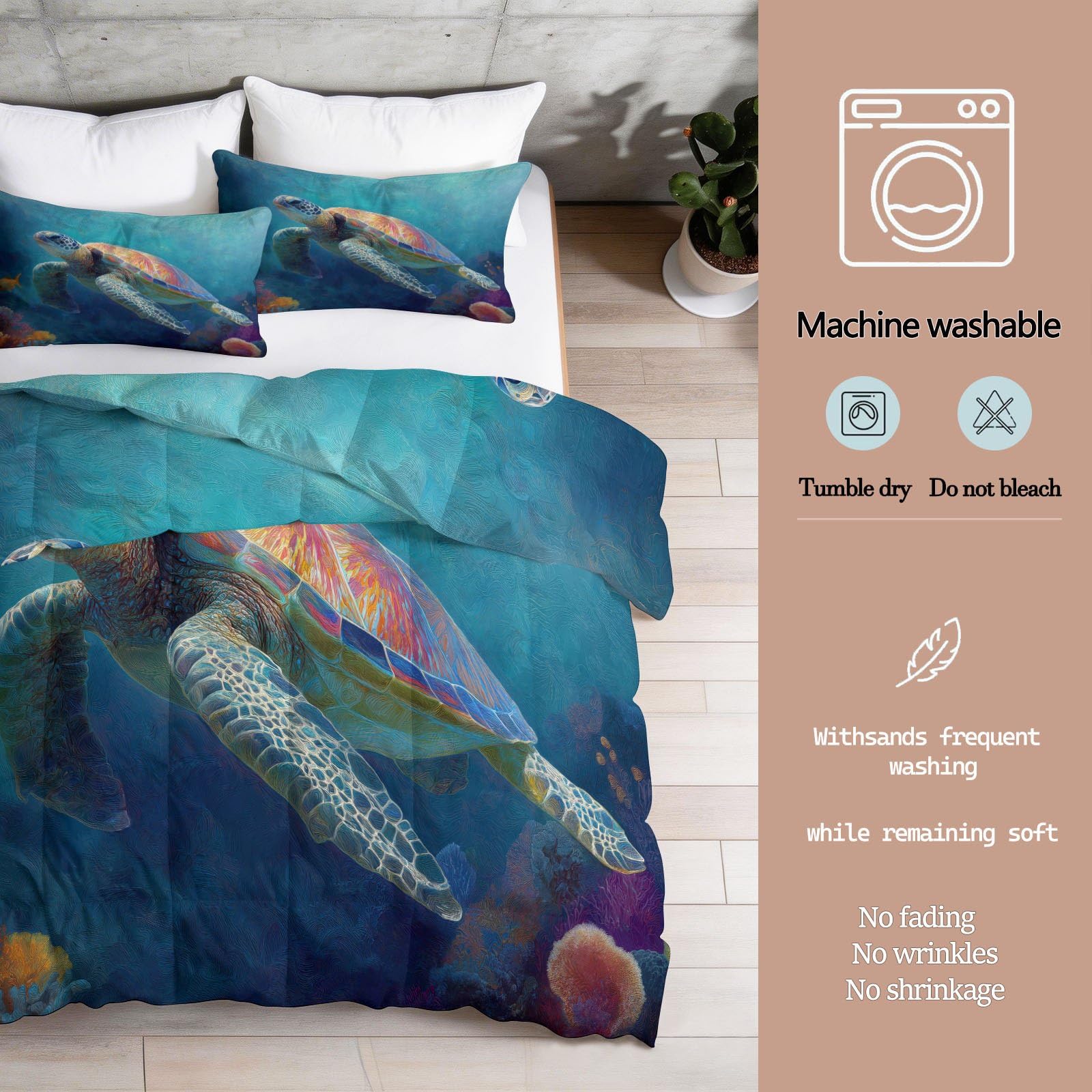 Naturalna kołdra z nadrukiem nad morzem 140x200 cm 4 pory roku | Dwustronna kołdra bez poszewki z 2 poszewkami na poduszki, miękka poszewka oddychająca, żółw koralowy Ryba Morze Niebieski