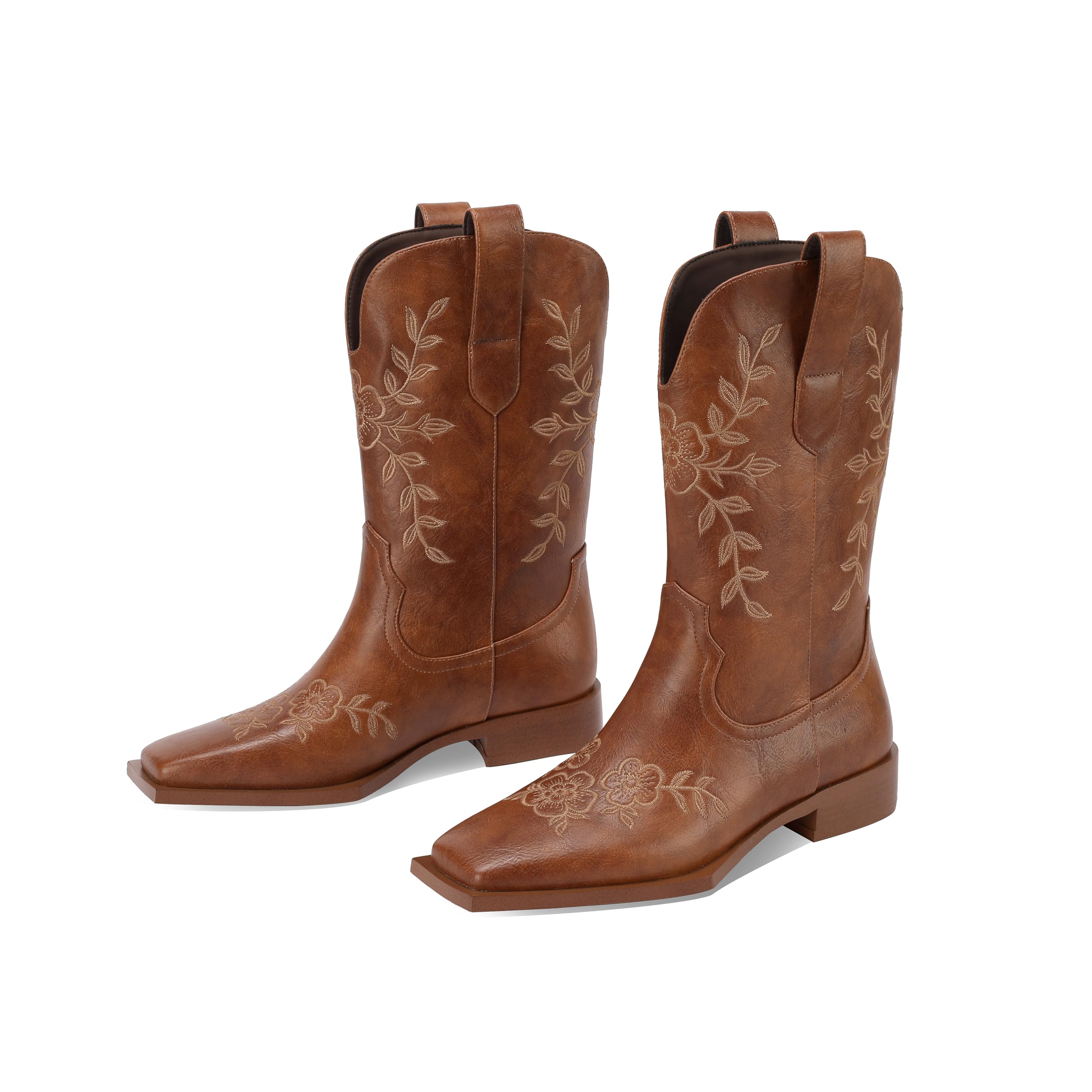 TDD Cowboy Boots for Women Brown Cowgirl Western Mid Calf Wide Fall Winter Low Heel Chunky Block Square