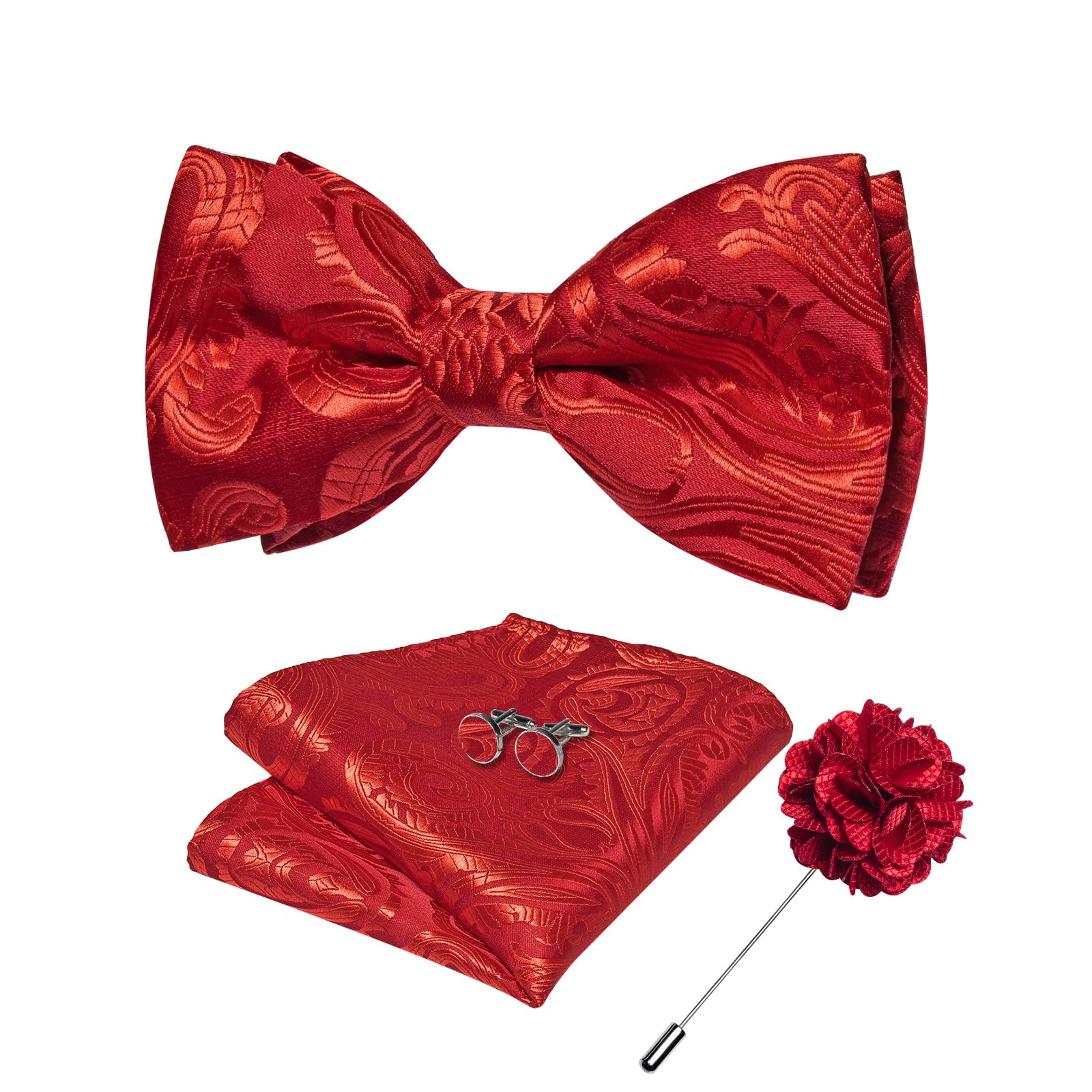 DiBanGu Silk Paisley Bow Tie for Men with Pocket Square Lapel Pin Cufflinks Pre-tied Bowtie Set for Wedding Party Prom