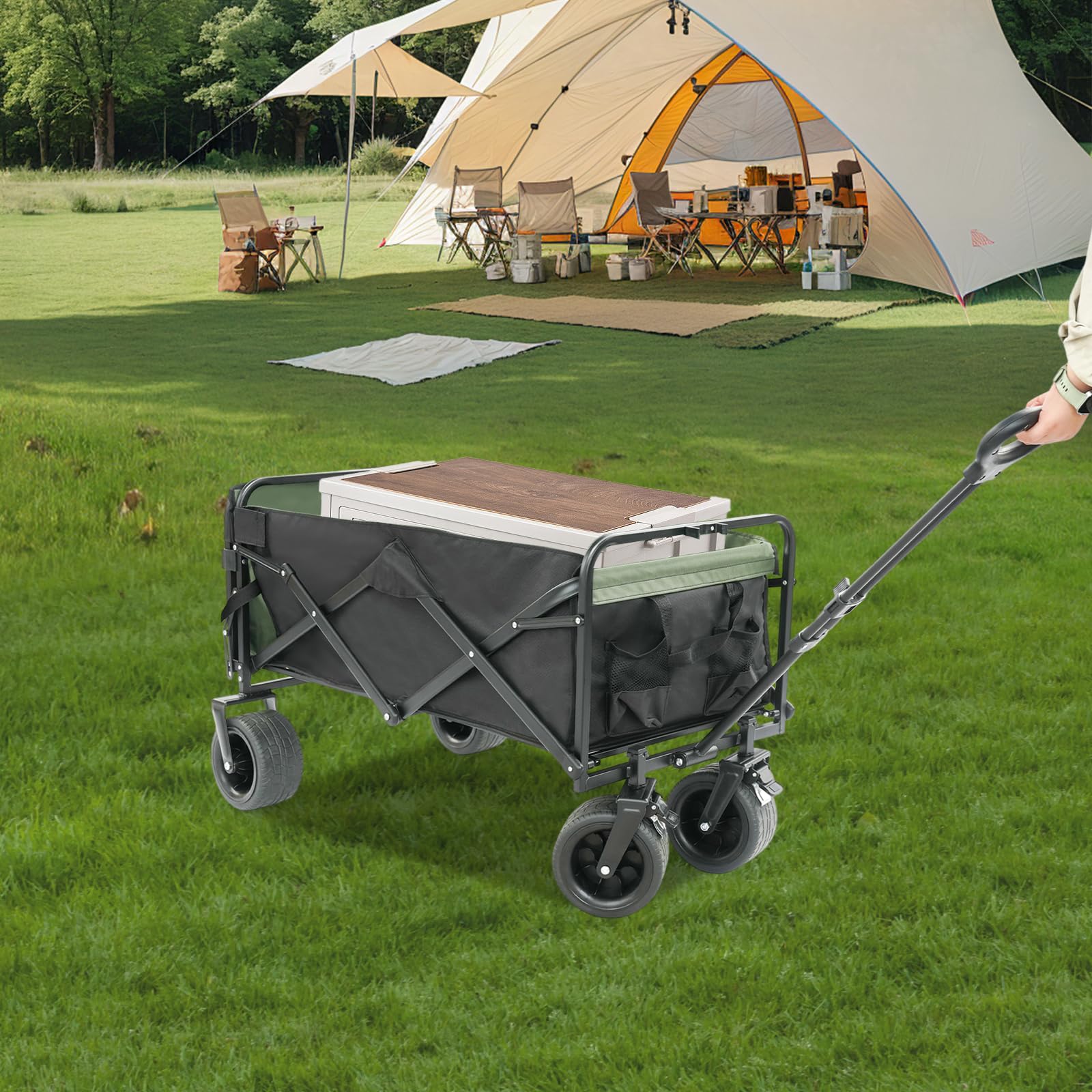 Carrello pieghevole da spiaggia, per la spesa e per attività | Carrello da spiaggia in tessuto Oxford 600D e telaio in acciaio, portata 150 kg, per la spesa, il campeggio, il giardino