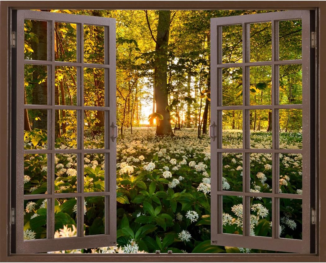 RoyalWallSkins Window Frame Mural Wild Garlic Forest - Huge Size - Peel and Stick Fabric Illusion 3D Wall Decal Photo Sticker