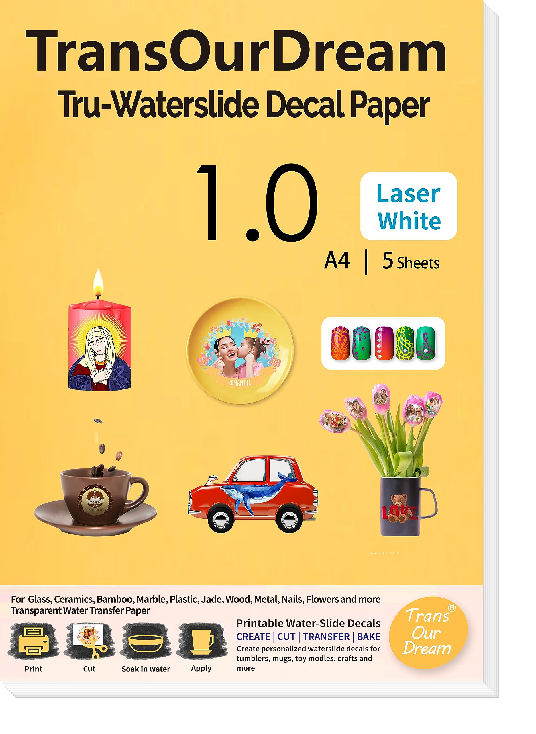TransOurDream Water Slide Decal Paper for Laser Printer WHITE (5 Sheets, A4 Size) Waterslide Transfer Paper Printable Waterslide Paper for Tumblers, Mugs, Glasses
