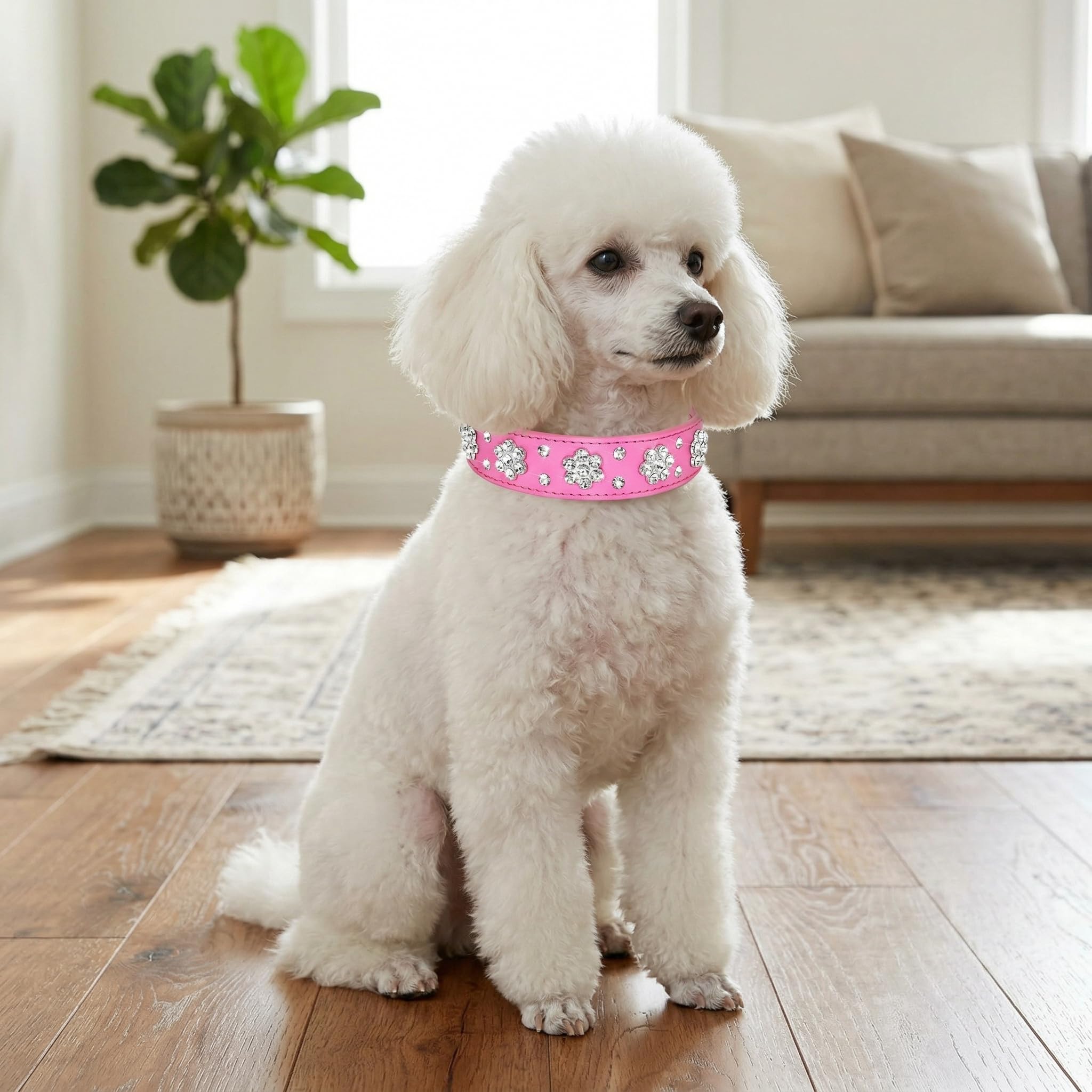 Collar de perro con diamantes de imitación, bonito collar de perro con diamantes de imitación, collar de piel sintética, tamaño ajustable, tamaño pequeño, mediano y grande (S: 21-27 cm, rosa)