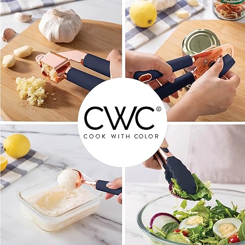 Miniatura 3 de COOK WITH COLOR Juego de utensilios de cocina de acero inoxidable chapado en cobre con asas suaves al tacto, azul marino cobre, 10 piezas