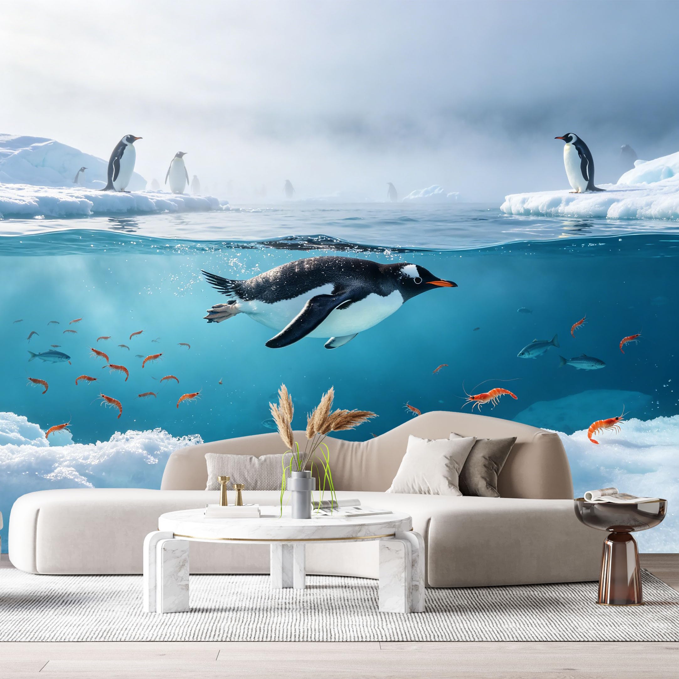 Custom Size Wall Murals Antarctic Ocean Marine 3D Trompe L'Oeil Penguins Swimming Underwater Icebergs SelfAdhesiveWall Fabric Removable Wallpaper Wall Decor for Living Room Bedroom Bathroom