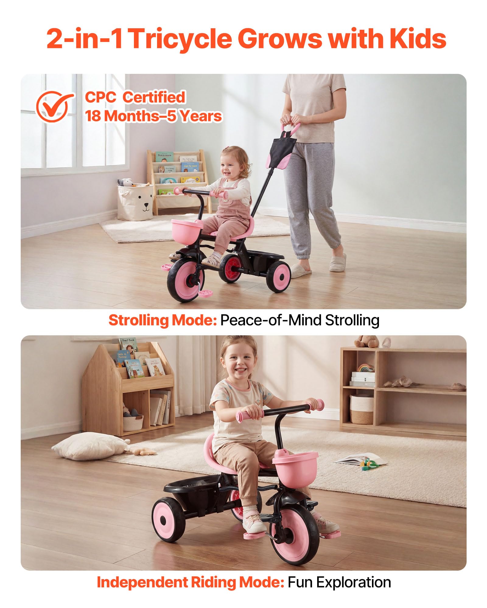 VEVOR Toddler Tricycle & Stroller for 18 Months to 5 Year Old, Kids Trike with Parent Push Handle, Adjustable Seat & Storage for Outdoor Play, Tricycle for Toddlers, Birthday Toy for Boys and Girls — view 2