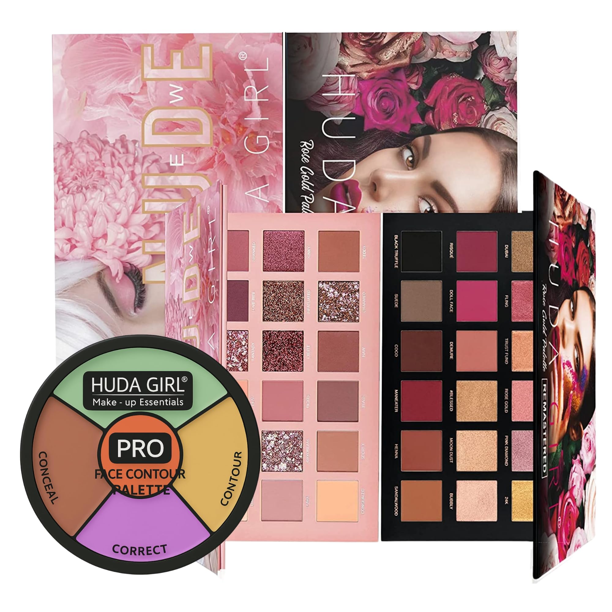 HUDA GIRL Eyeshadow Palette Combo with Color Corrector Palette, 36 Nude Rose Gold Shades + Bright Concealer for Women, Glitter Eye Makeup Kit Set for Dark Circles-image-11