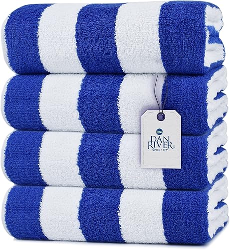 DAN RIVER Juego de 4 toallas de playa 100 % algodón rayado a rayas, 30 x 60 pulgadas, color azul, de secado rápido, ultra suaves y superabsorbentes