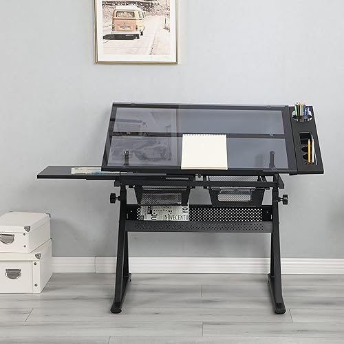 Miniatura 3 de LiviNest Mesa de dibujo ajustable en altura  Mesa de dibujo de artista moderna con lentes templados mesa inclinada con silla  Escritorio de arte con