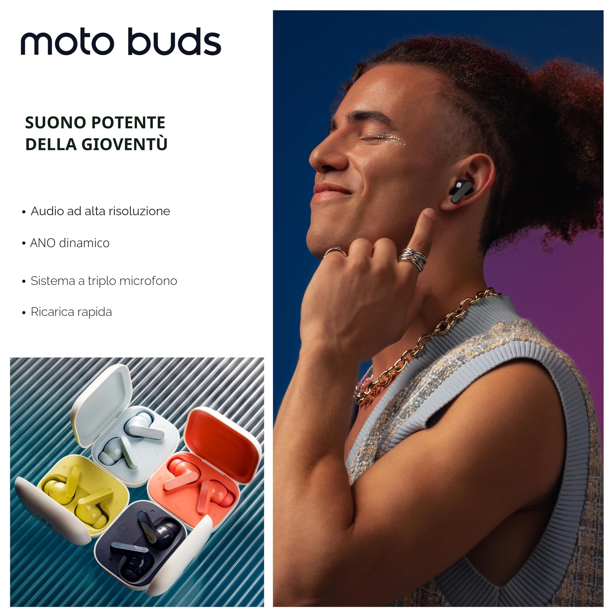 motorola Moto Buds: cuffie wireless, suono di ottima qualità e audio ad alta risoluzione, cancellazione attiva del rumore dinamico, integrazione ottimale con l'ecosistema Moto, blu marino