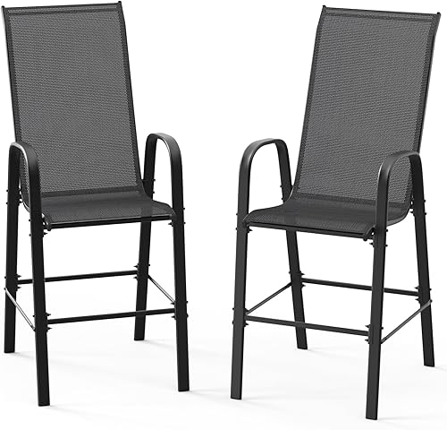 Vista 14 de VINGLI Juego de 4 taburetes de bar apilables para exteriores, sillas tipo honda con respaldo alto y reposabrazos, para césped, jardín, bar, gris