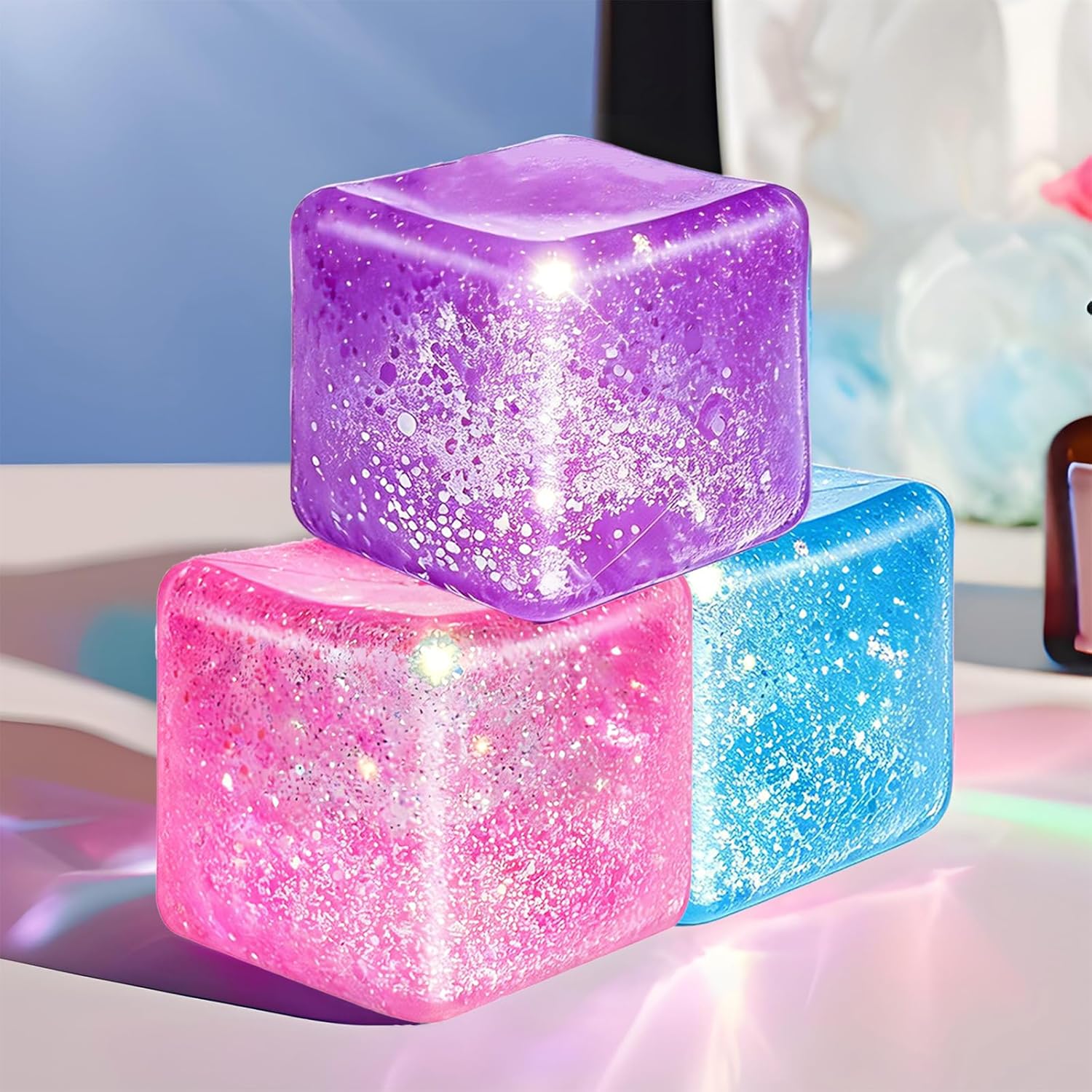Glitter Square Squishy Cube - Slow Rise Stress Cubes for Adults, Ice Cube Squishy Fidget Toys Malt Sugar Stress Balls for Anxiety Relief(Blue/Pink/Purple)