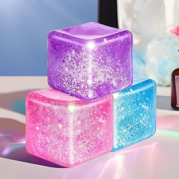 Glitter Square Squishy Cube - Slow Rise Stress Cubes for Adults, Ice Cube Squishy Fidget Toys for Kids Malt Sugar Stress Balls for Anxiety ReliefBlue/Pink/Purple